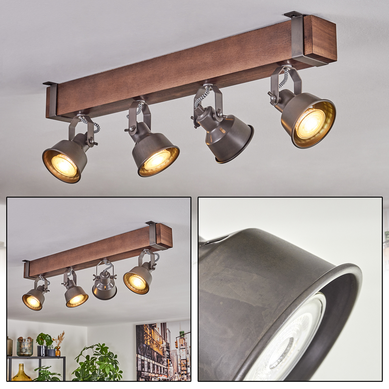 Ein an der Decke montierter Strahler mit vier verstellbaren Köpfen. Die Leuchte hat einen Holzbalken mit Metallakzenten. Die Lichter sind an und leuchten nach unten.