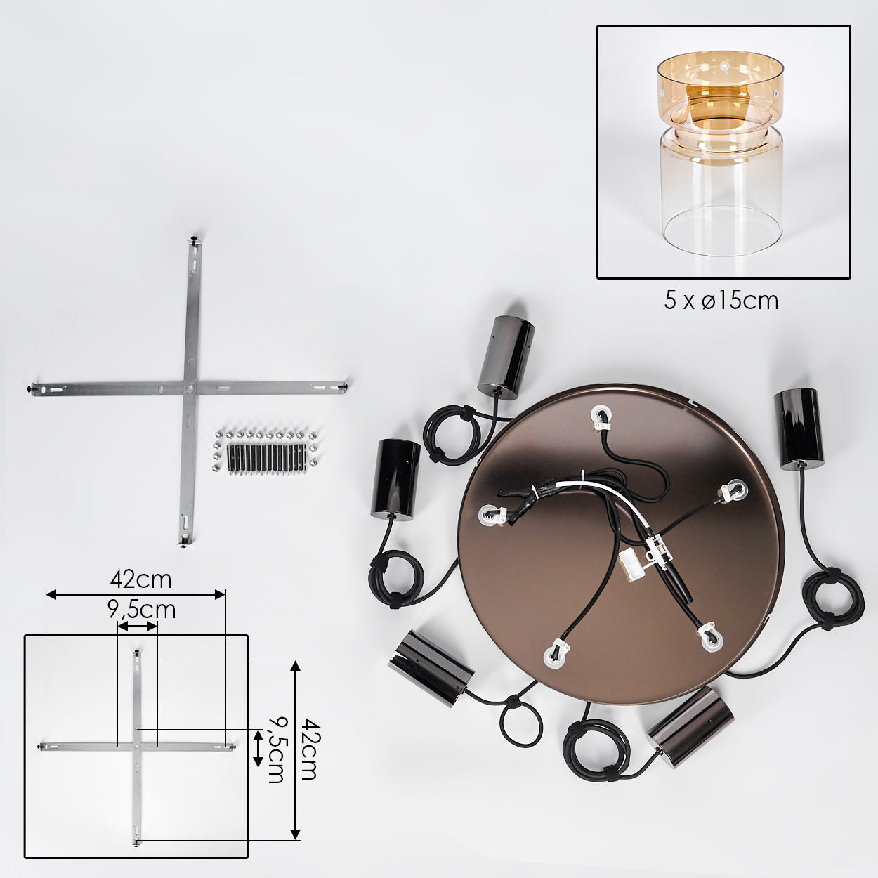 Draufsicht auf die Komponenten eines Kronleuchters. Enthält eine braune Basis, schwarze Lampenfassungen, einen Glasschirm und Befestigungsmaterial.
