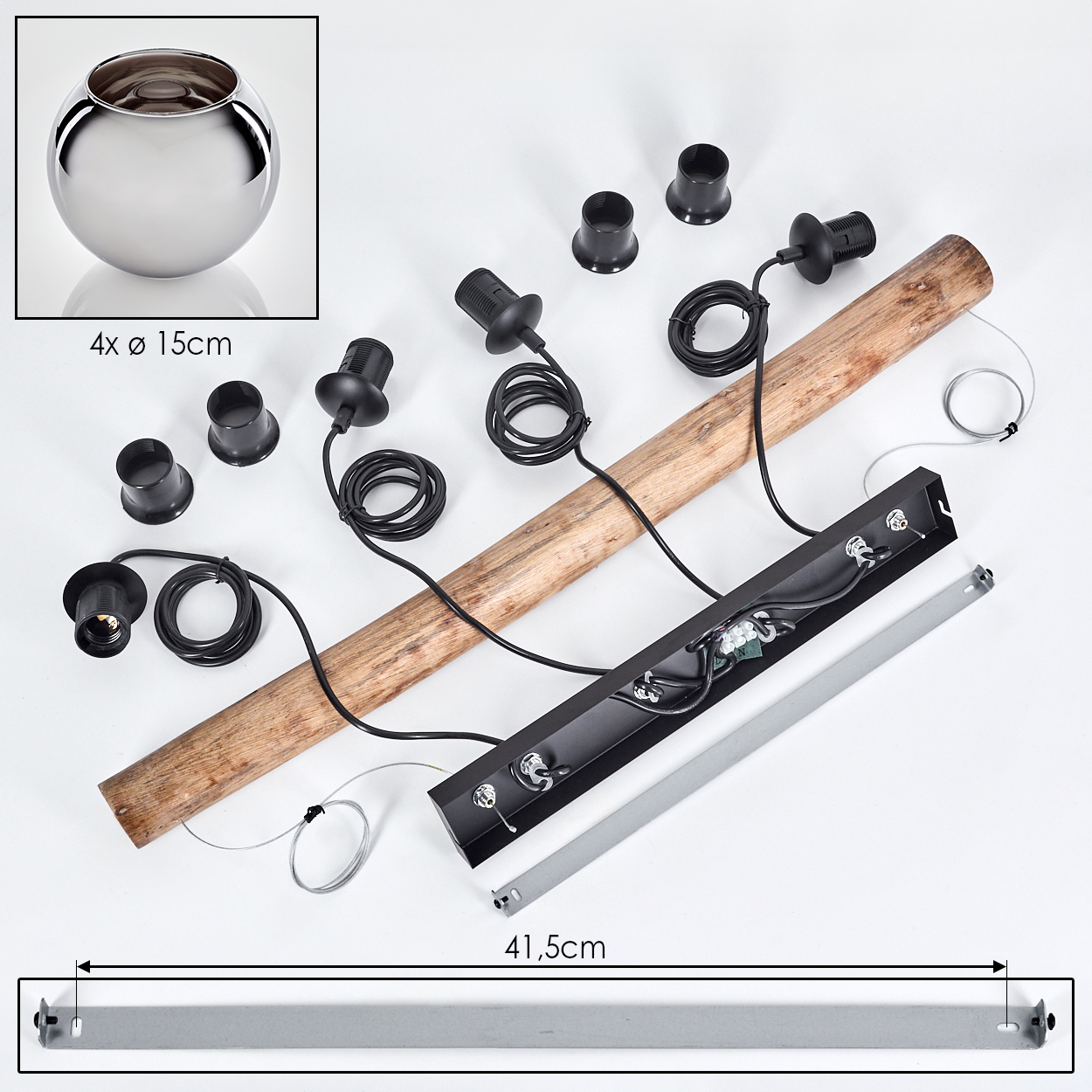 Zerlegte Leuchtenkomponenten: Holzbalken, schwarze Lampenfassungen, Metallstange, Glasbowl, Kabel. Weißer Hintergrund.