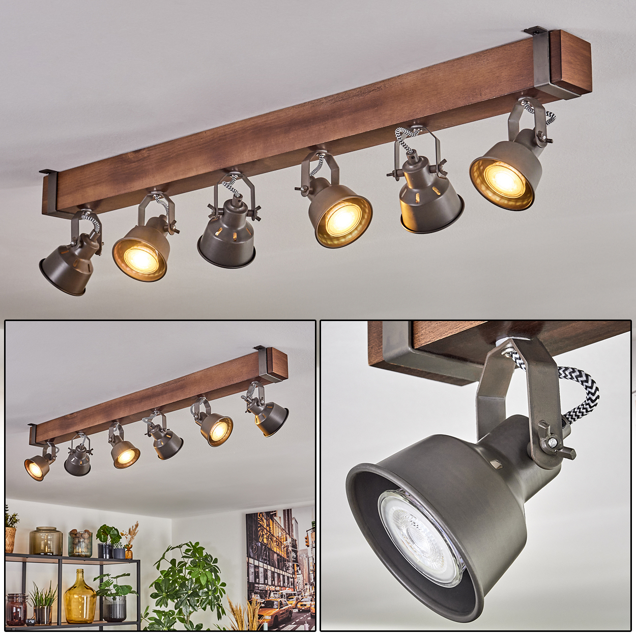 Deckenstrahler mit sechs Lampen. Die Lampen sind dunkelgrau und der Balken ist braun. Die Lampen sind an und beleuchten den Raum.