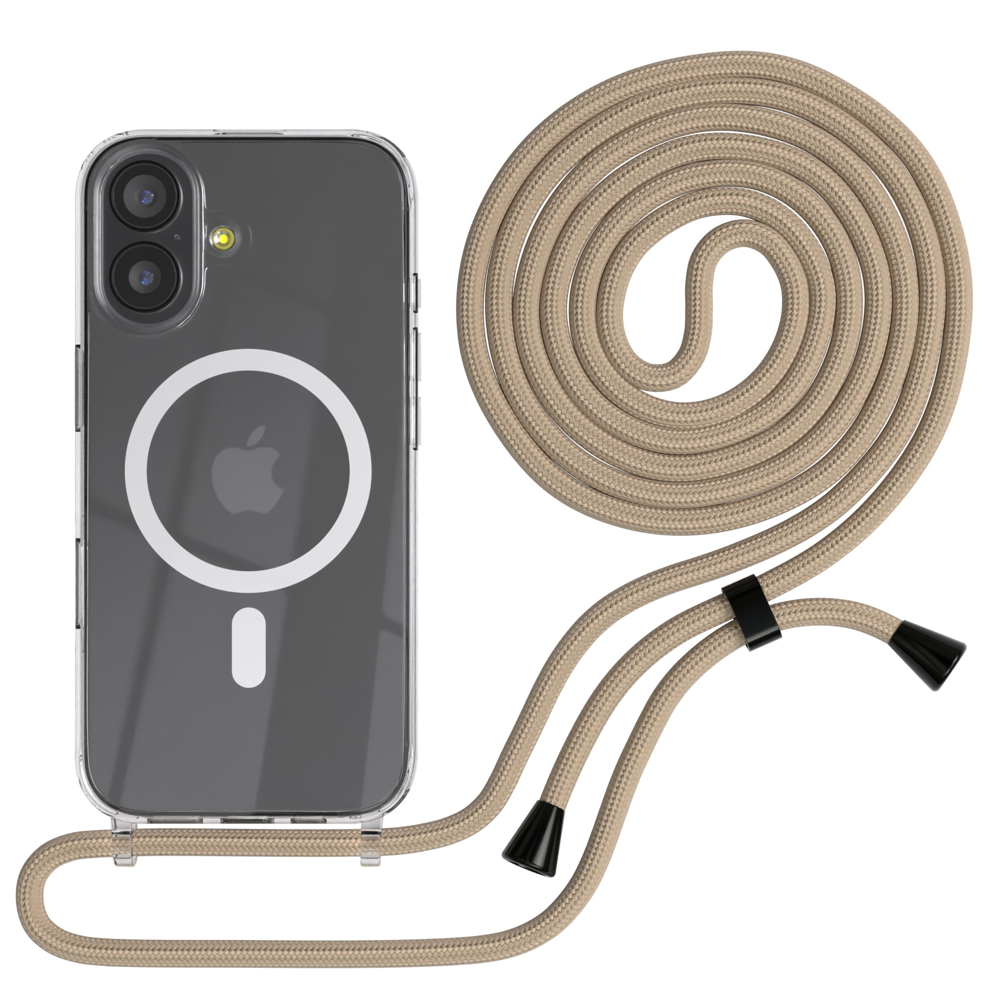 Transparente Handyhülle mit beigem Umhängeband. Die Hülle hat eine Kamera und ein Apple-Logo. Das Band hat schwarze Spitzen.