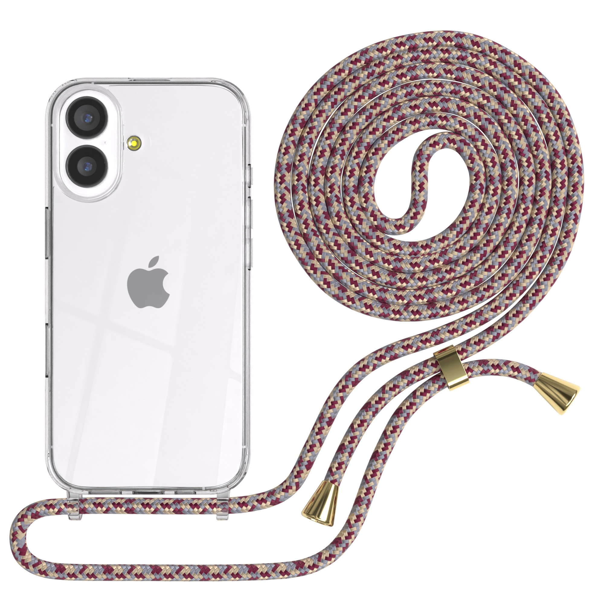 Eine transparente Handyhülle mit einem geflochtenen, weinroten, grauen und beigefarbenen Schlüsselband. Die Hülle hat ein Apple-Logo.