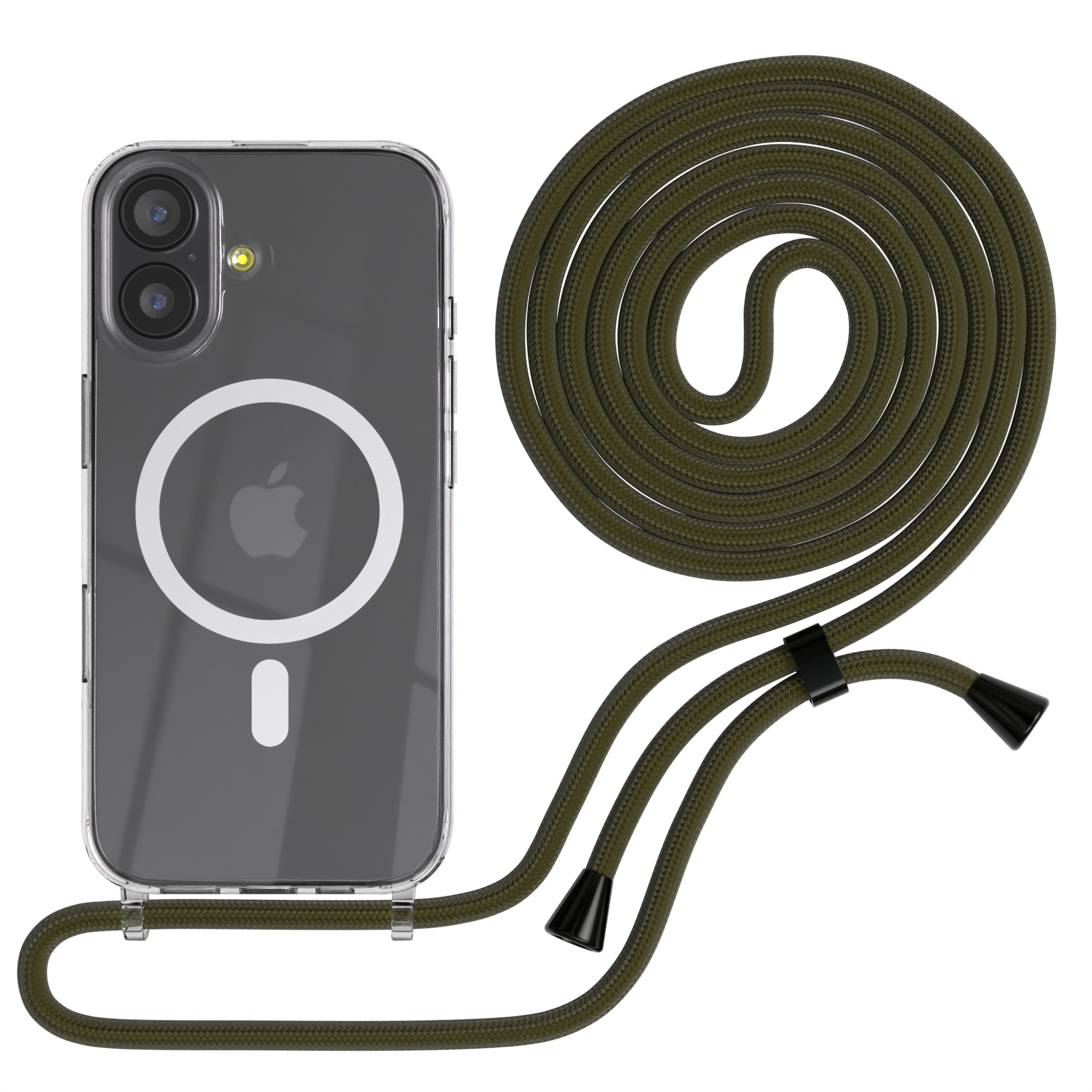 Ein durchsichtiges iPhone-Case mit grünem Kordel. Das Telefon hat zwei Kameras. Die Kordel ist olivgrün und aufgerollt.