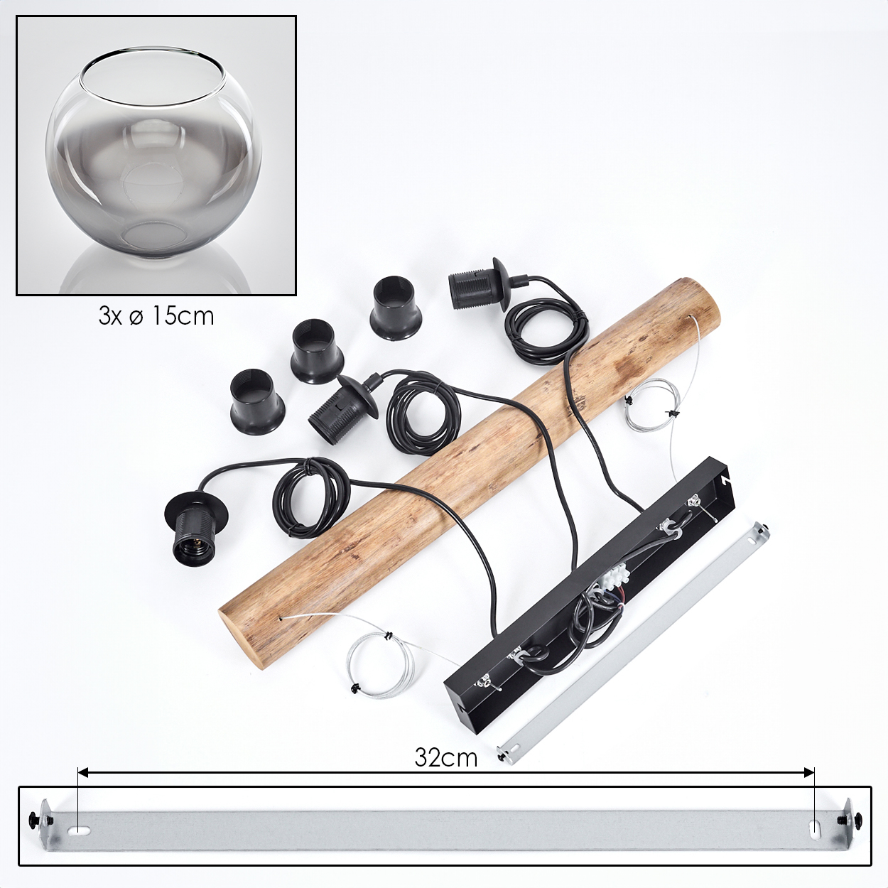 Eine zerlegte Leuchte mit Holzbalken, schwarzen Kabeln und einer Glasschale. Eine 32 cm lange Metallstütze ist ebenfalls vorhanden.