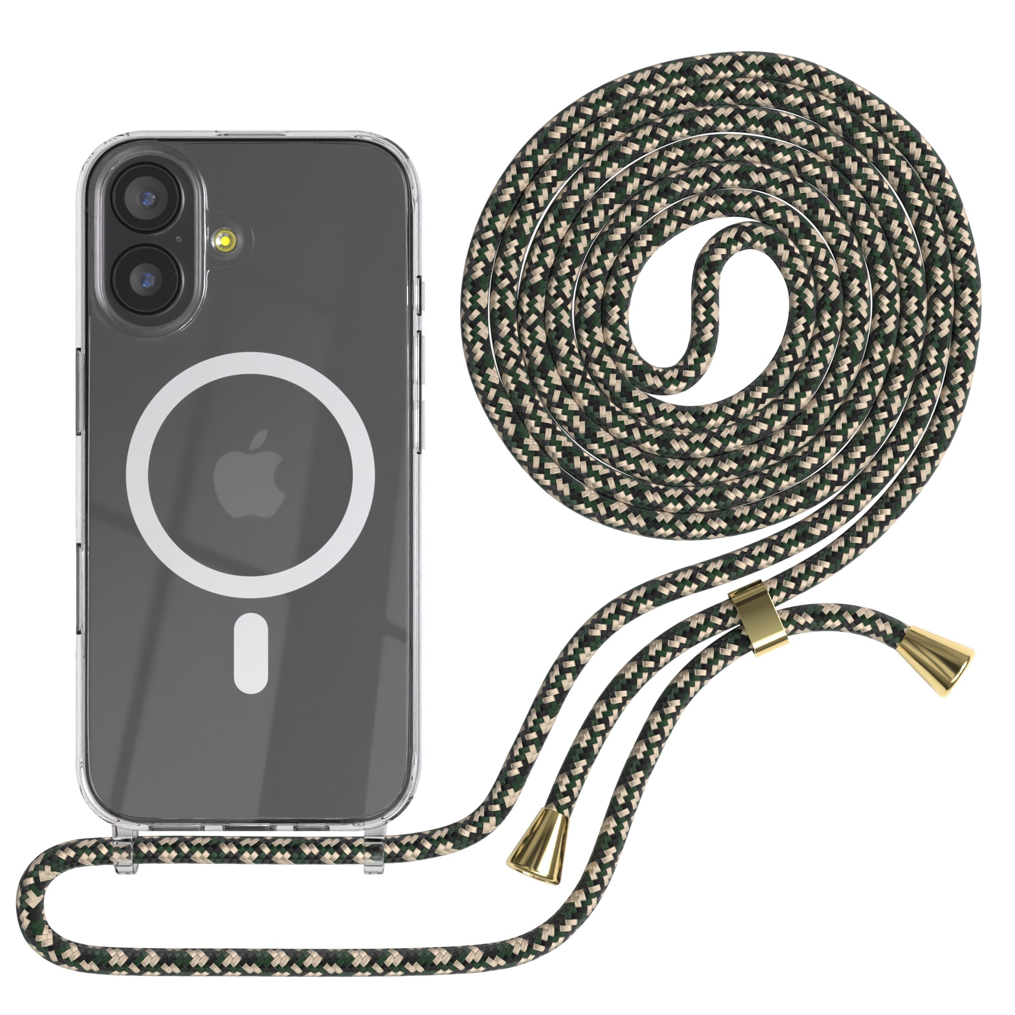 Ein durchsichtiges iPhone-Case mit einem grün-beige gemusterten Schlüsselband. Das Schlüsselband hat goldfarbene Metallenden.