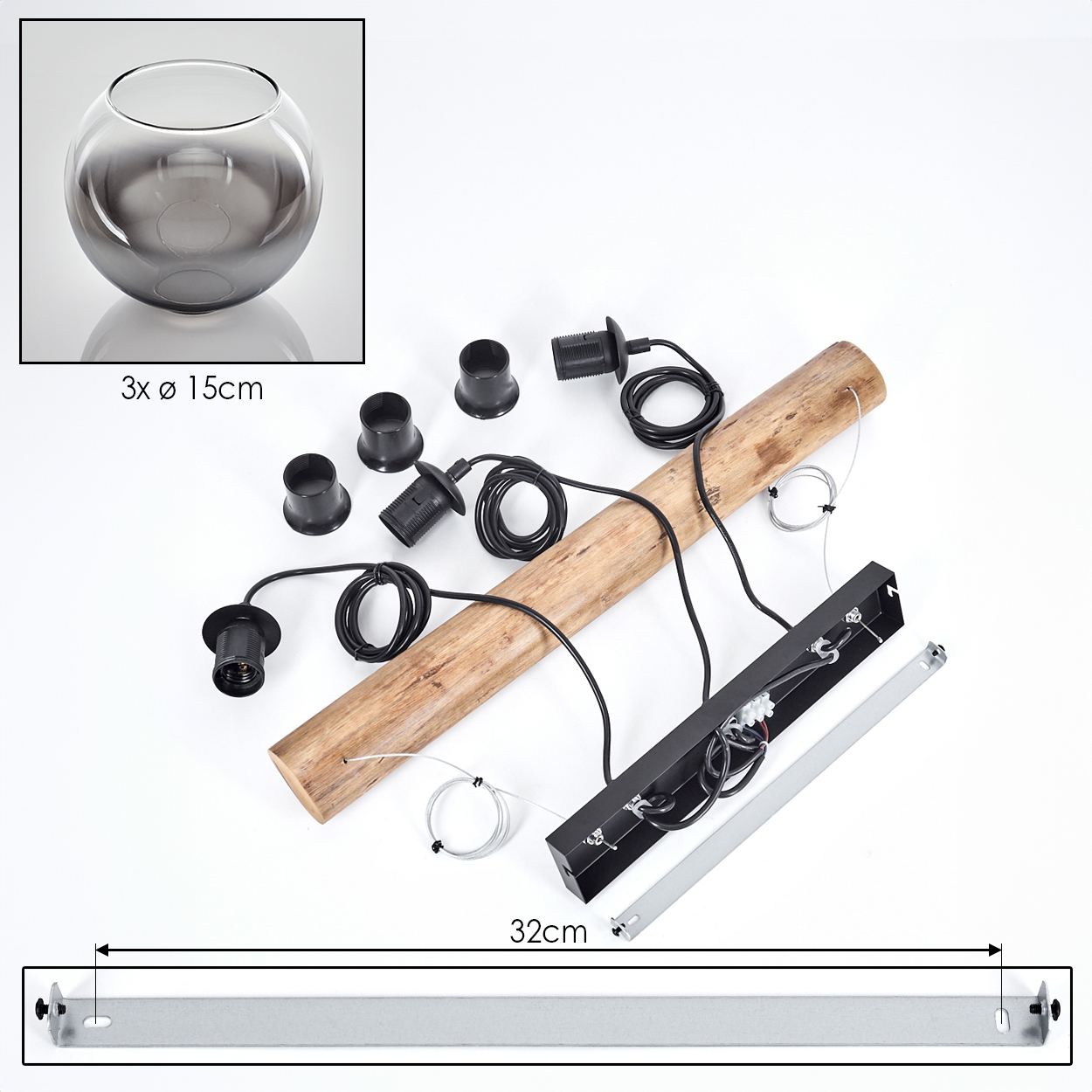 Zerlegte Pendelleuchtenkomponenten: Glasschale, Holzbalken, schwarze Verkabelung, Metallstange und schwarze Lampenfassungen. Abmessungen sichtbar.
