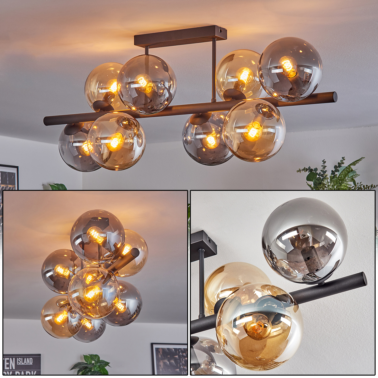 Eine moderne Deckenleuchte mit mehreren Glaskugelschirmen. Die Leuchte hat einen dunklen Metallrahmen und warm getönte Glühbirnen. Der Hintergrund zeigt einen Raum.