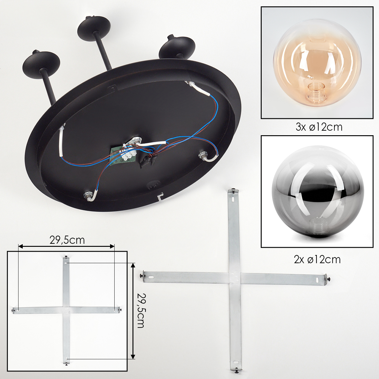 Schwarze Kronleuchterbasis mit 3 Armen. Enthält 2 graue und 3 bernsteinfarbene Glaskugeln. Metall-Kreuzstütze und Abmessungen sind dargestellt.