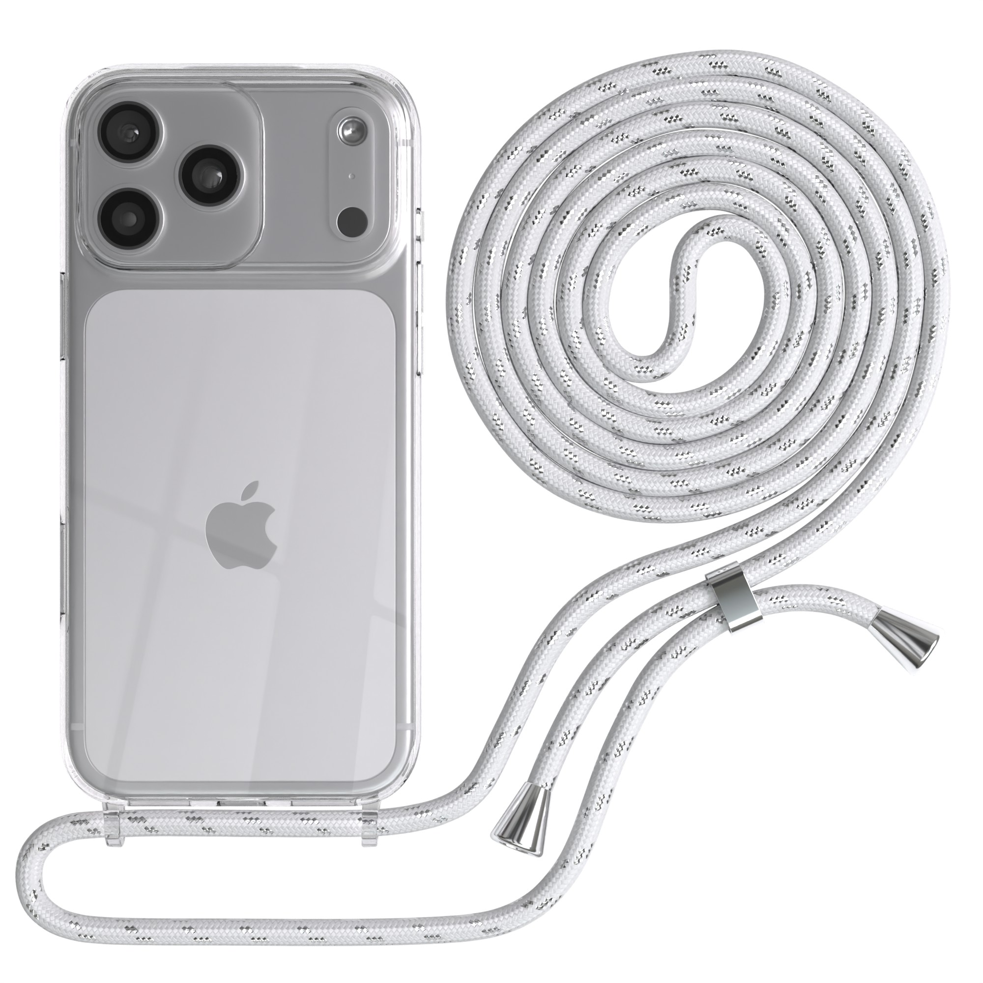 Transparente iPhone-Hülle mit weißem, gemustertem Kordel. Das Telefon hat drei Kameras. Die Kordel ist geschlungen.
