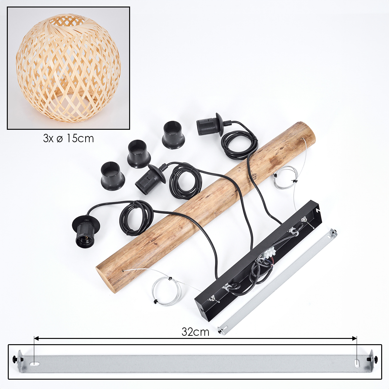 Zerlegte Leuchte. Enthält eine gewebte Kugel, Holzbalken, schwarze Armaturen, Drähte und eine Metallhalterung, alles auf weißem Untergrund.