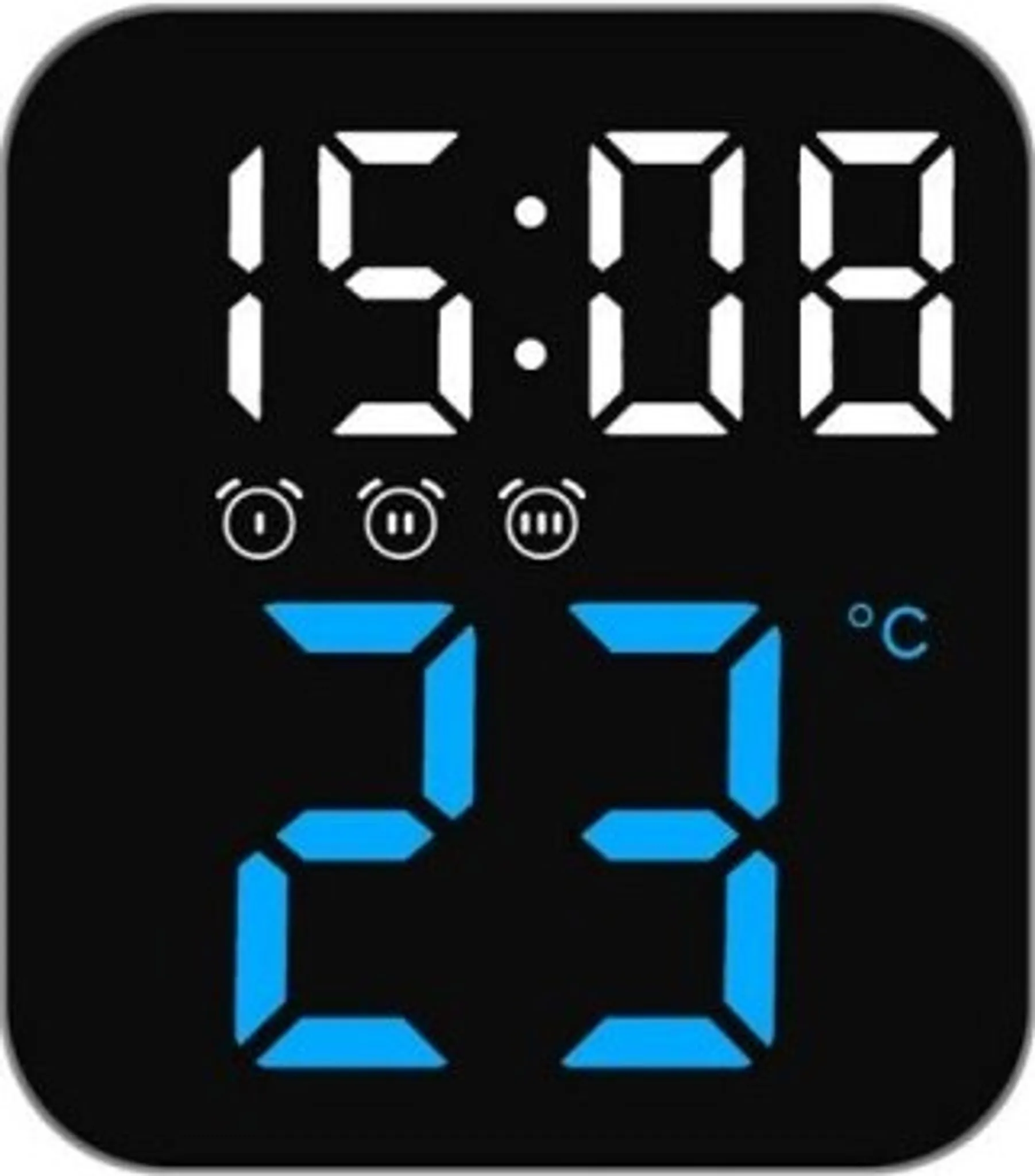 Digitaluhr zeigt 15:08 und 23°C an. Drei Alarmsymbole vorhanden. Hintergrund schwarz, Zahlen weiß und blau.
