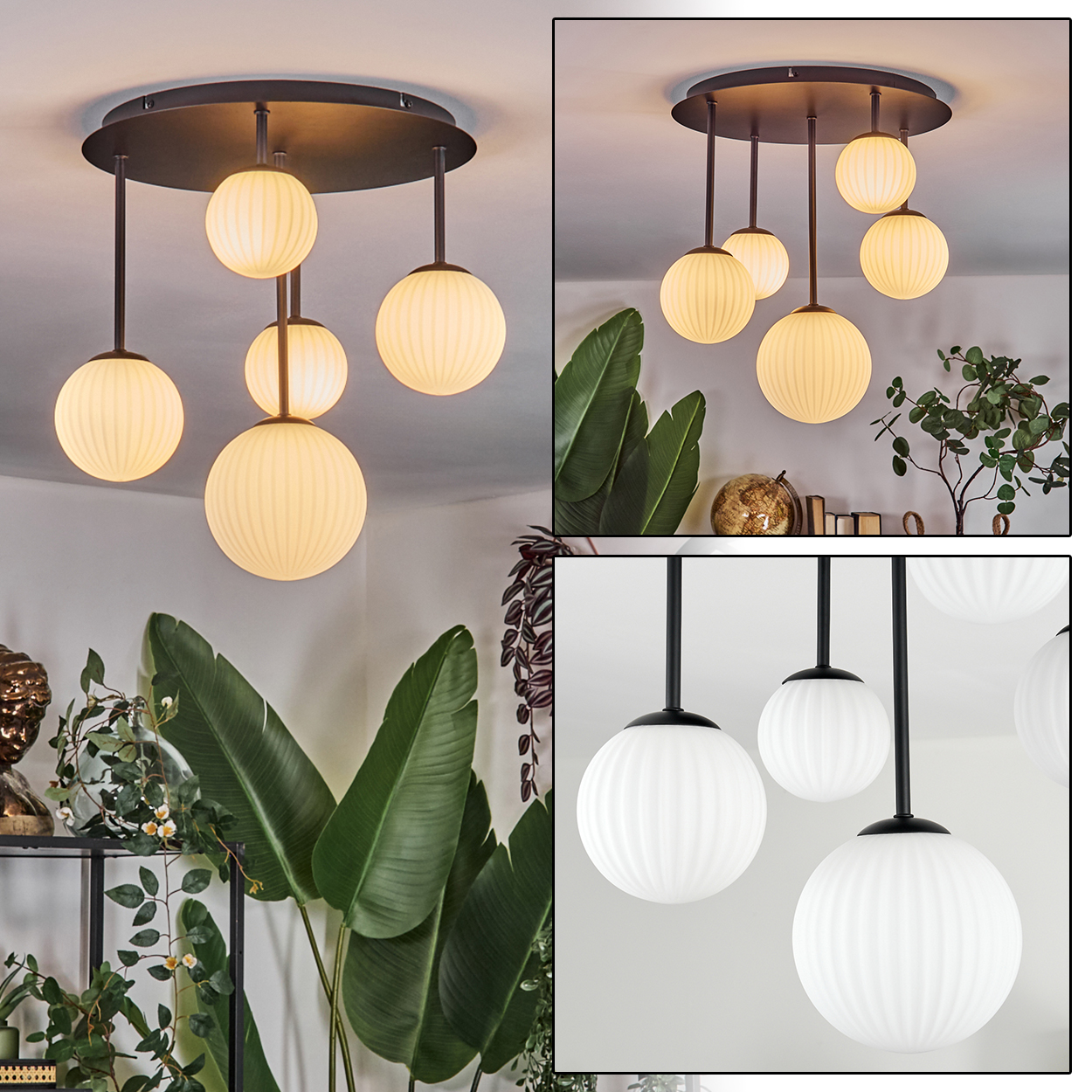 Eine moderne Deckenlampe mit fünf kugelförmigen, gerippten Glasschirmen. Die Lampe ist schwarz, der Hintergrund zeigt Pflanzen.