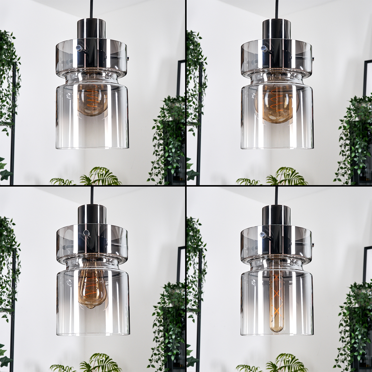 Vier-Panel-Bild. Jedes zeigt eine hängende Glas- und Metalllampe mit sichtbarer Glühbirne. Grüne Pflanzen rahmen die Lampen ein.