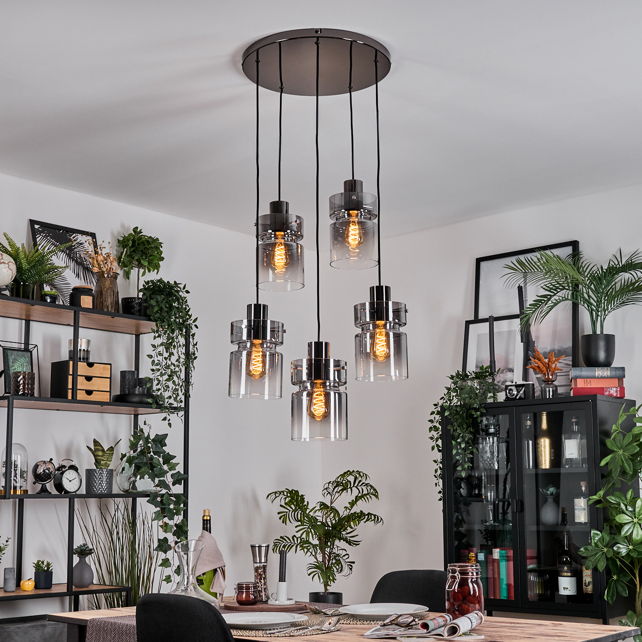 Fünf Hängelampen mit Glasschirmen über einem Esstisch. Regale mit Pflanzen und Dekoration im Hintergrund.