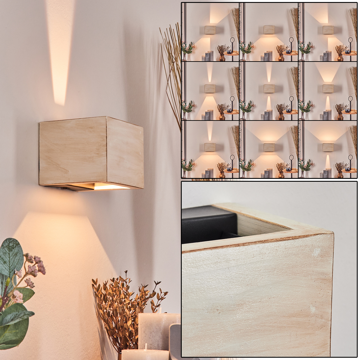 Eine beige Wandlampe ist an einer weißen Wand montiert. Die Lampe strahlt ein warmes Licht aus. Blumen und Kerzen sind im Vordergrund.