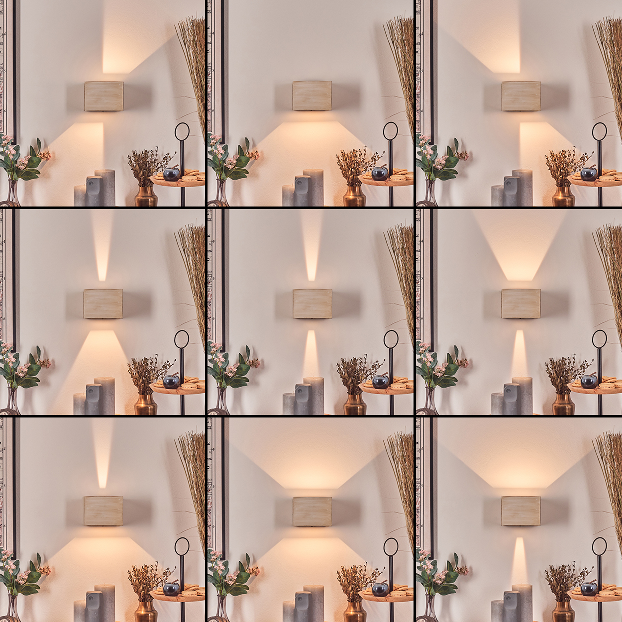 Neun ähnliche Szenen, die eine Holz-Wandlampe zeigen, die Licht aussendet. Jede Szene enthält Dekorationen wie Kerzen und Blumen.