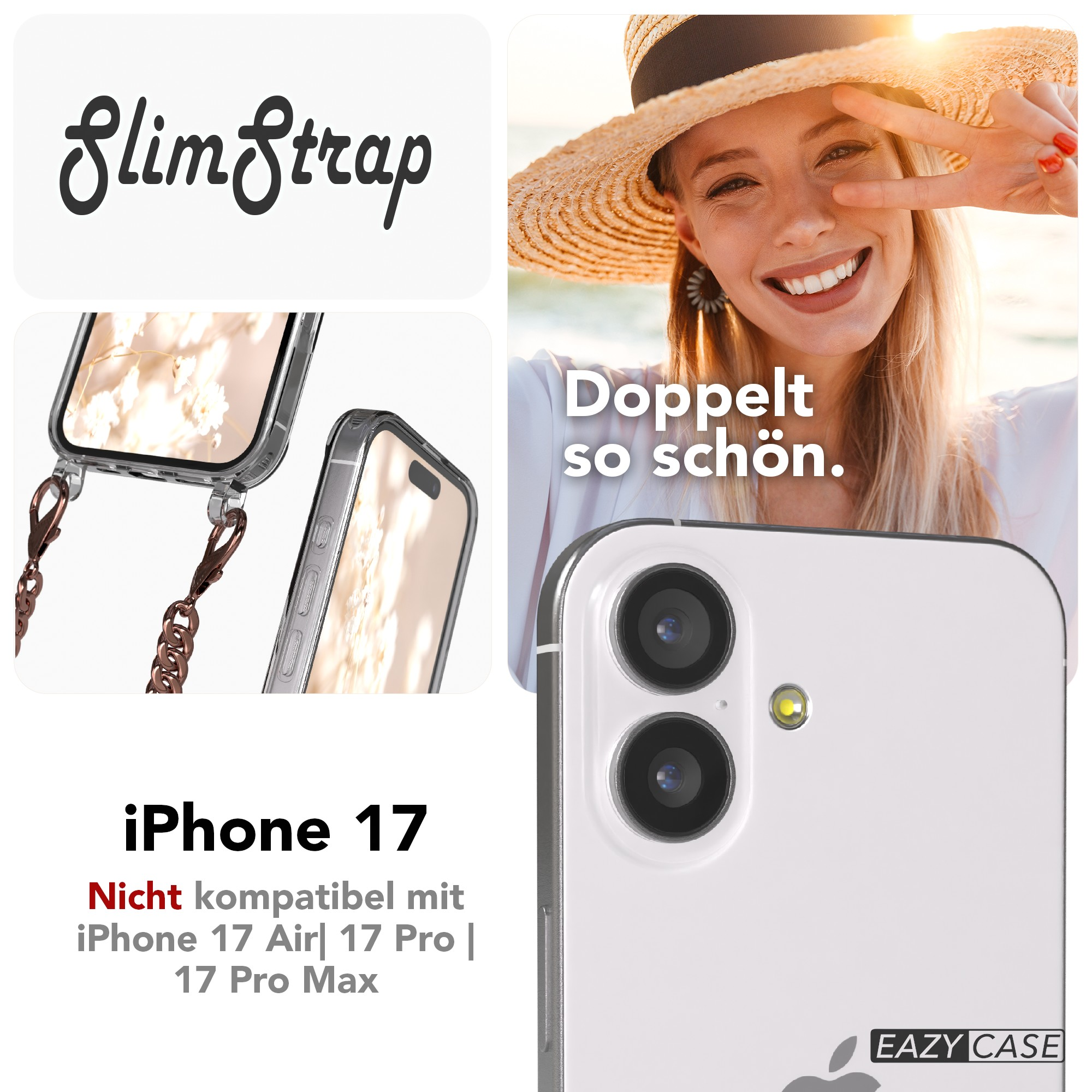 Bild mit Handyhülle, einer Frau mit Friedenszeichen und Text 'Slim Strap' und 'iPhone 17'.