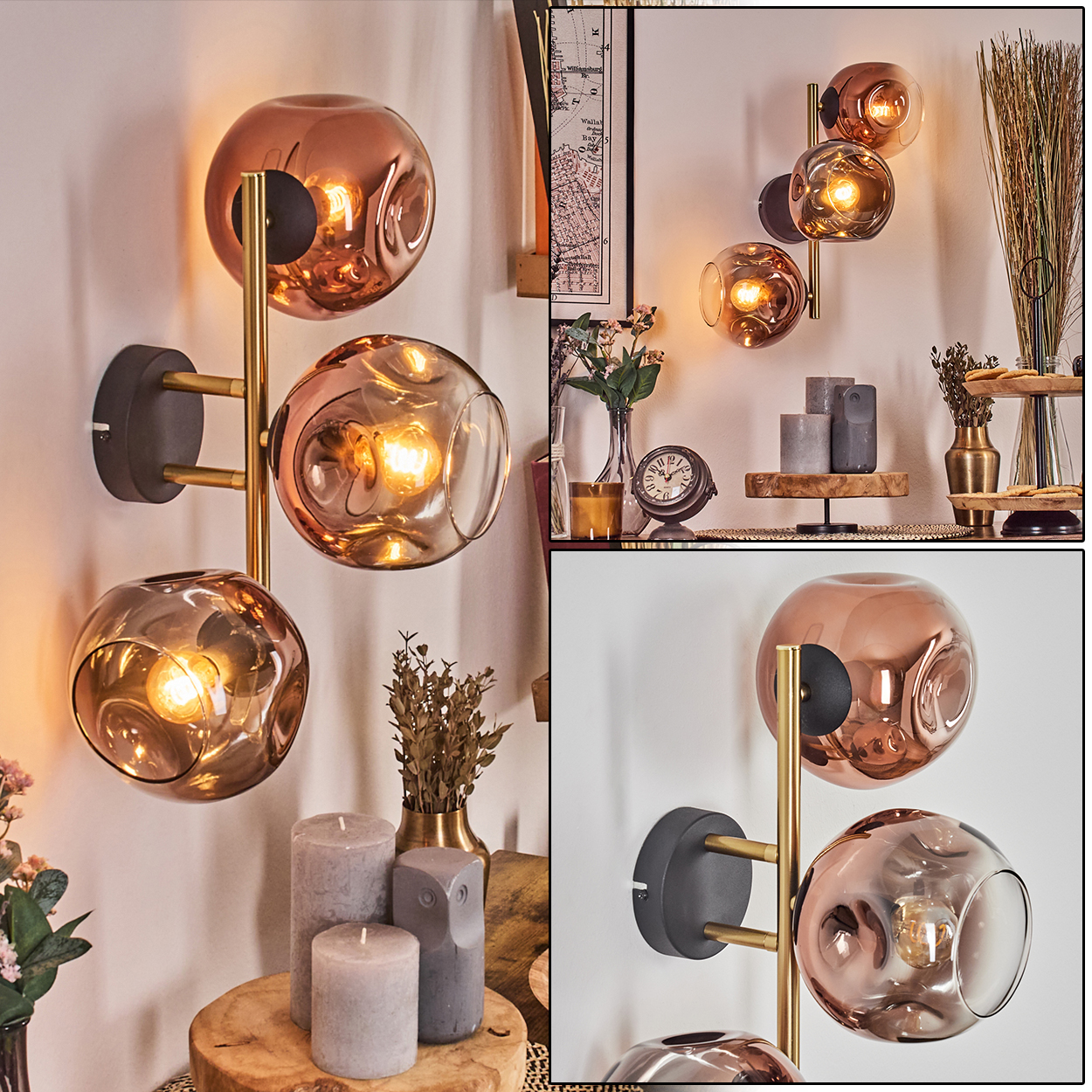 Wandlampe mit drei Glühbirnen und kugelförmigen Schirmen. Dekorative Elemente im Hintergrund sind Kerzen, eine Uhr und eine Vase.