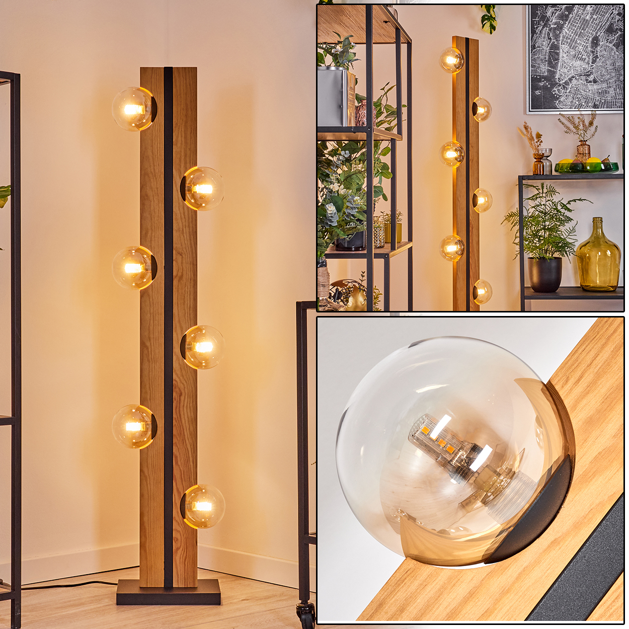 Eine moderne Stehlampe mit kugelförmigen Lichtern. Sie ist aus Holz mit schwarzen Akzenten. Regale mit Pflanzen und Dekor sind im Hintergrund.