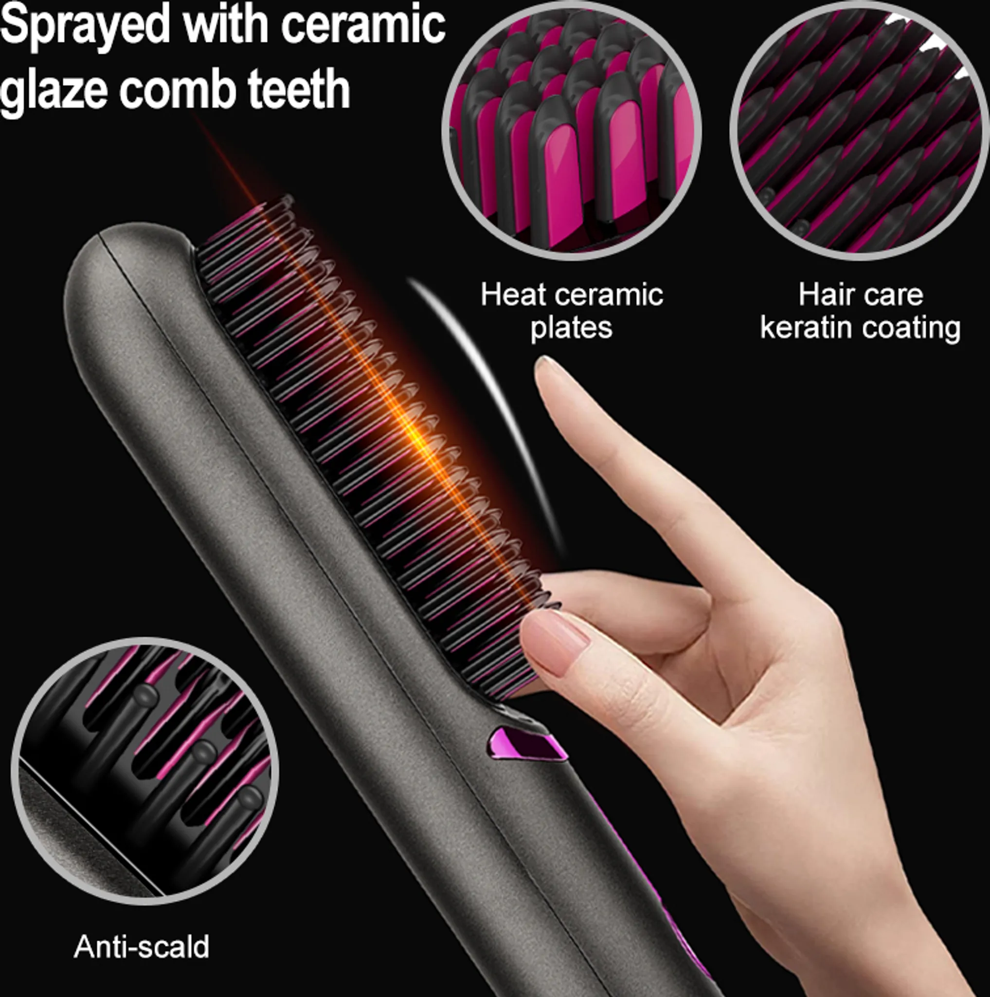 Eine Hand hält ein Haarstyling-Werkzeug. Es hat Keramikplatten und Kammzähne. Insets zeigen Details. Text enthält 'Anti-Verbrühung'.