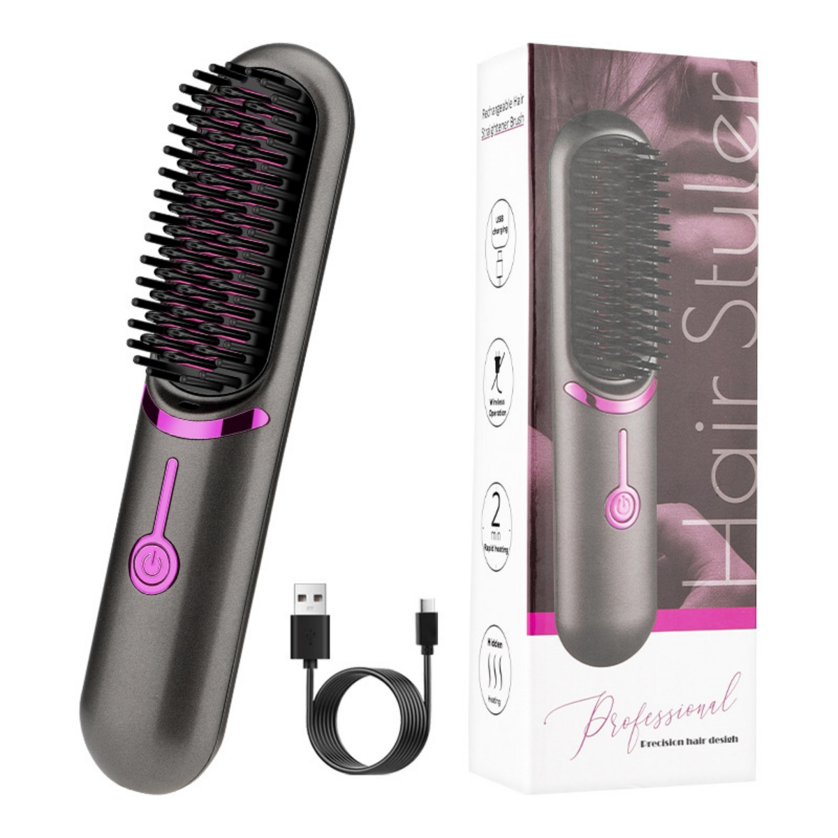 Eine graue Haarglätterbürste mit rosa Ein- / Aus-Taste und einem Ladekabel neben ihrer Box mit dem gleichen Design.