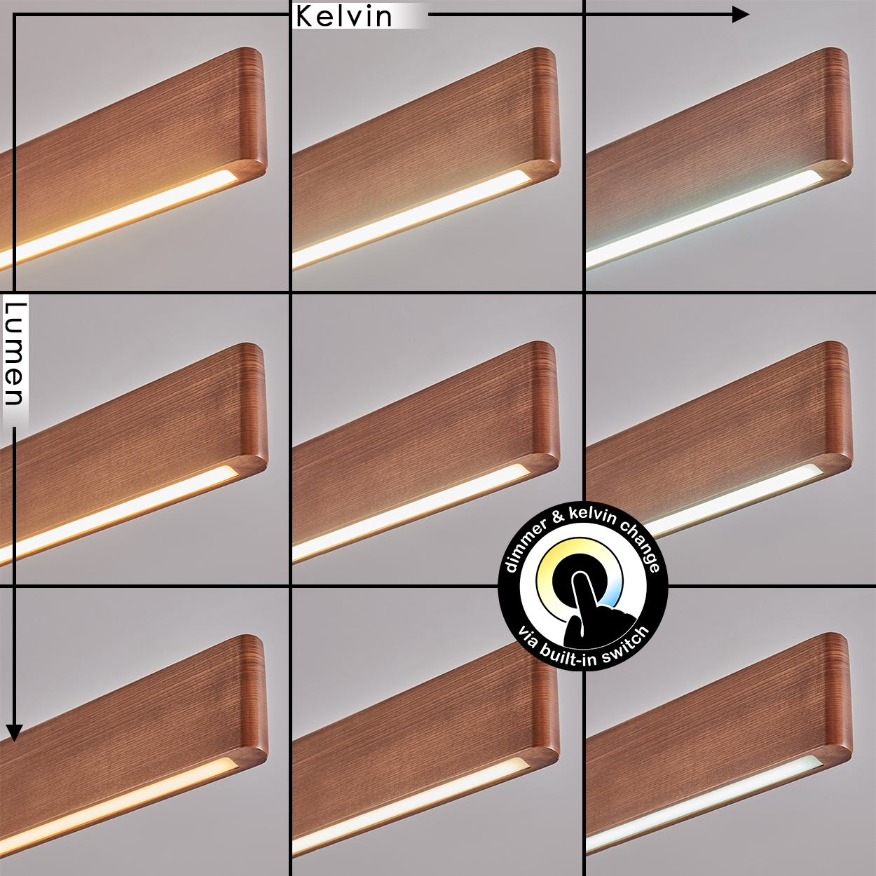 Neun Leuchten mit unterschiedlichen Kelvin- und Lumen-Einstellungen. Jede Leuchte ist braun, mit einem weißen Lichtstreifen. Ein Dimmschalter ist abgebildet.