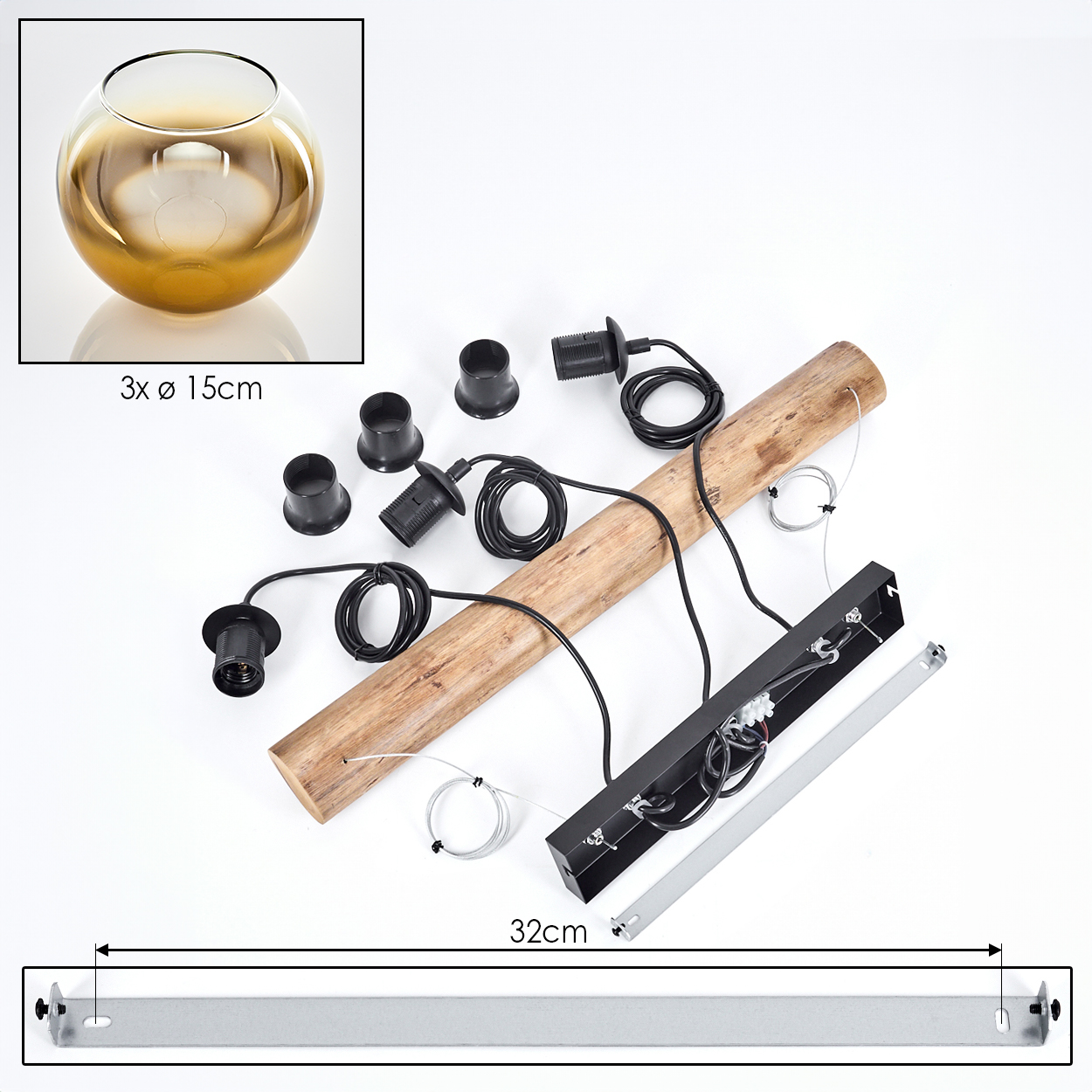 Komponenten einer Deckenleuchte. Enthält einen Holzbalken, schwarze elektrische Komponenten, eine Metallschiene und eine Glaskugel.