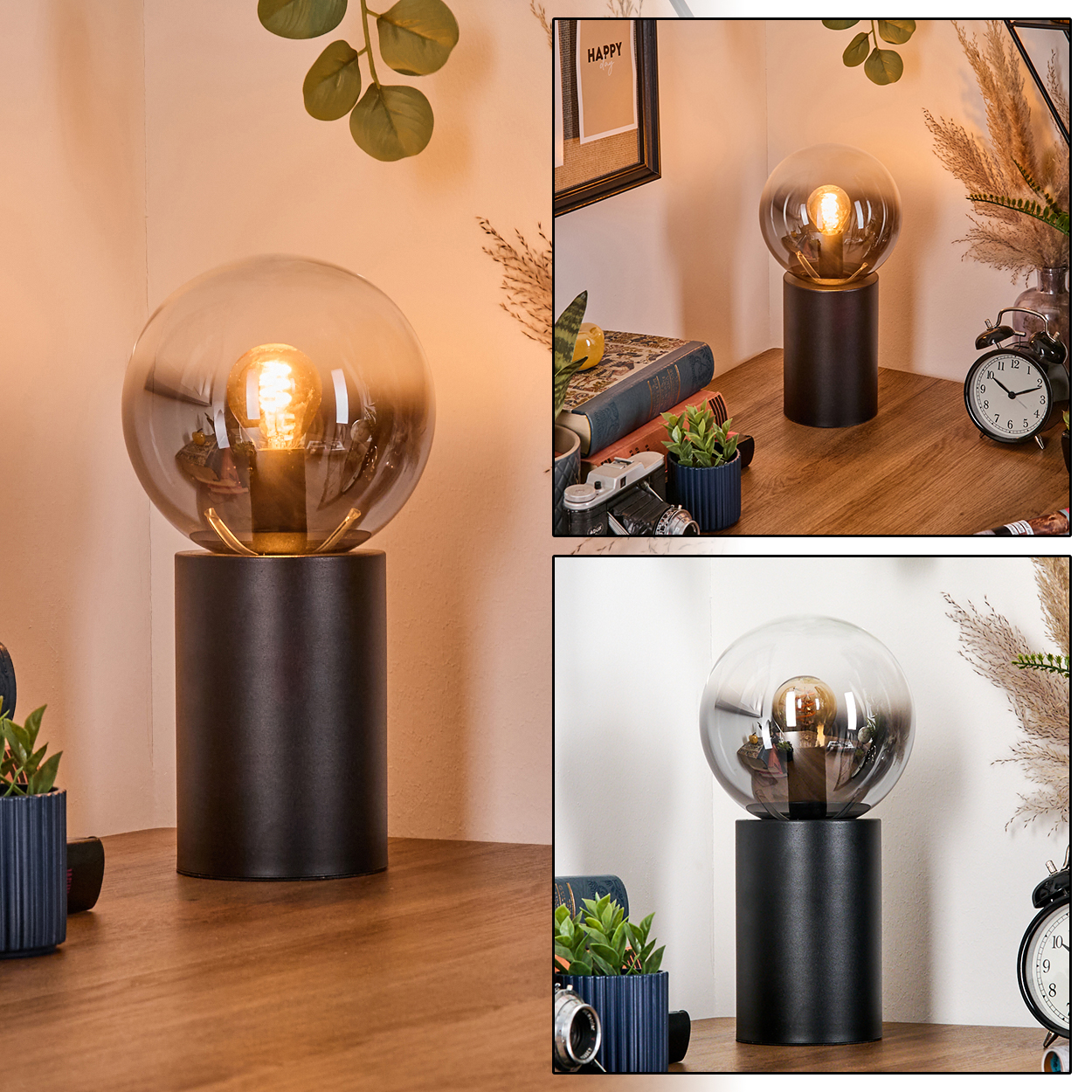 Eine moderne Lampe mit kugelförmigem Schirm und zylindrischem Sockel auf einer Holzoberfläche mit Pflanzen.