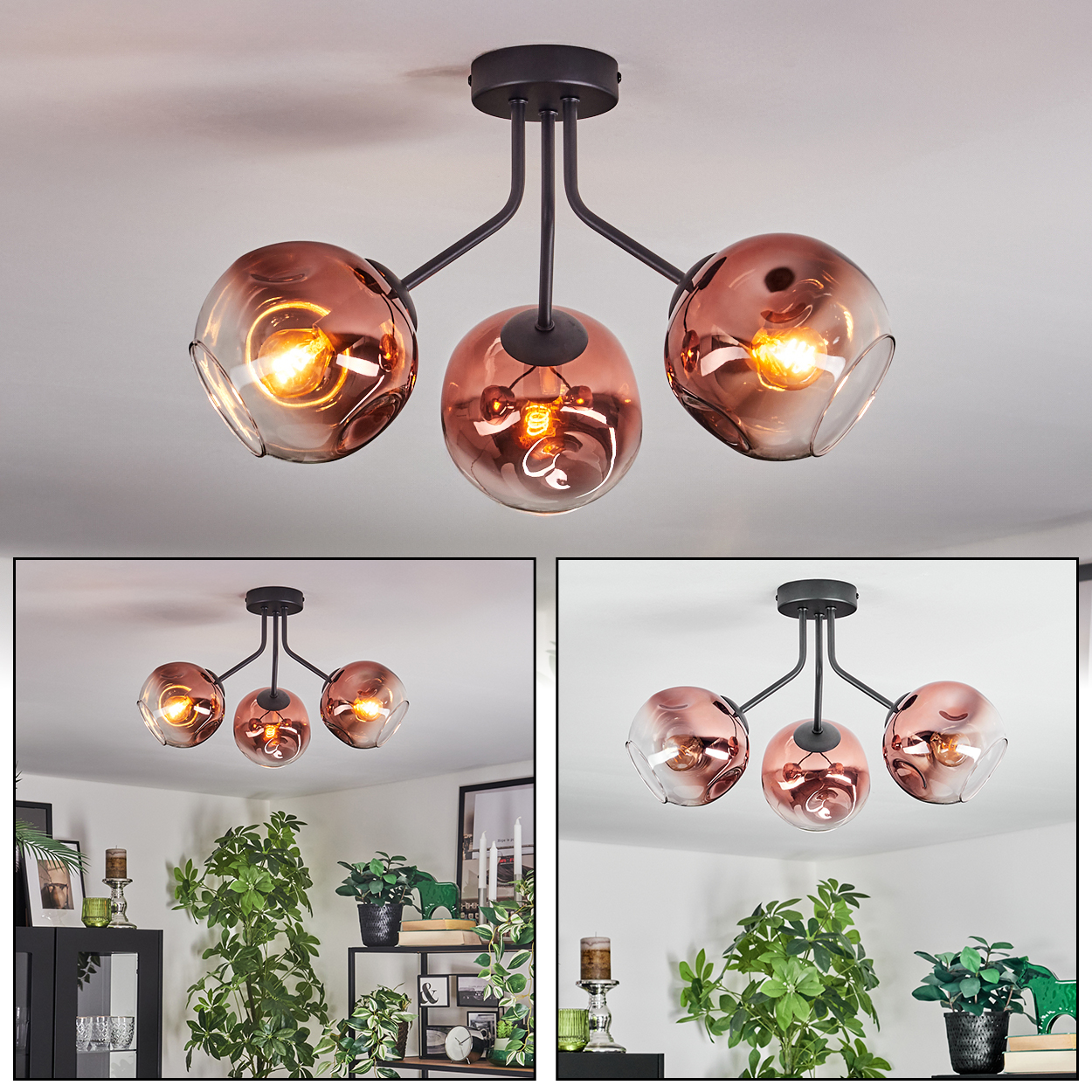Eine moderne Deckenleuchte mit drei kugelförmigen, rosafarbenen Glasschirmen, die jeweils eine brennende Glühbirne enthalten, vor einer weißen Decke.