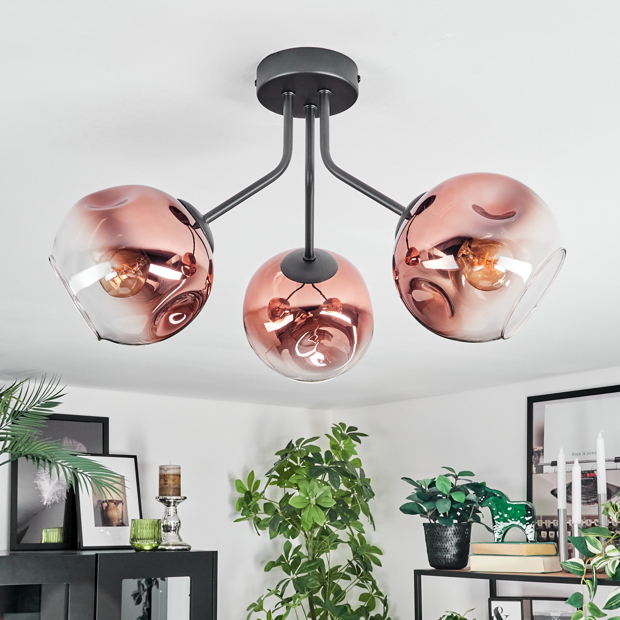 Moderne Deckenlampe mit drei roségoldenen Glaskugeln und Glühbirnen im Inneren. Darunter Pflanzen, Bilder und Dekoration auf einem schwarzen Regal.