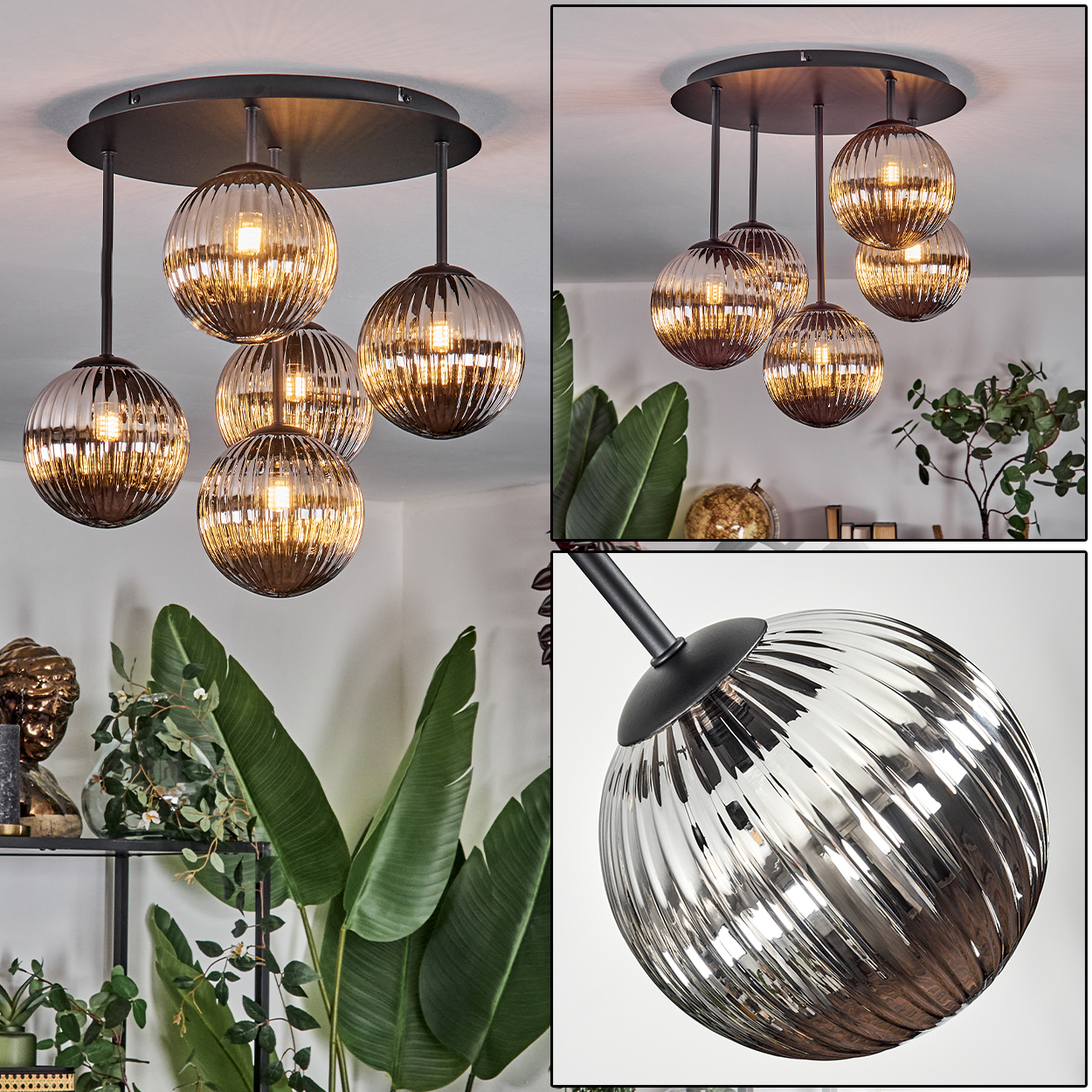 Eine moderne Deckenleuchte mit mehreren kugelförmigen Lampen. Die Lampen sind aus geripptem Glas und hängen an einer schwarzen Deckenplatte. Pflanzen im Hintergrund.