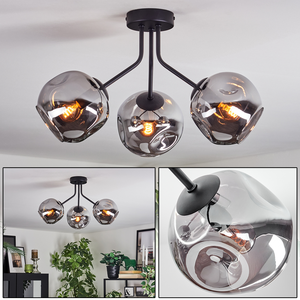 Eine moderne Deckenlampe mit drei rauchfarbenen Glasschirmen. Jede Schirm hat eine warme Glühbirne. Die Halterung ist schwarz.