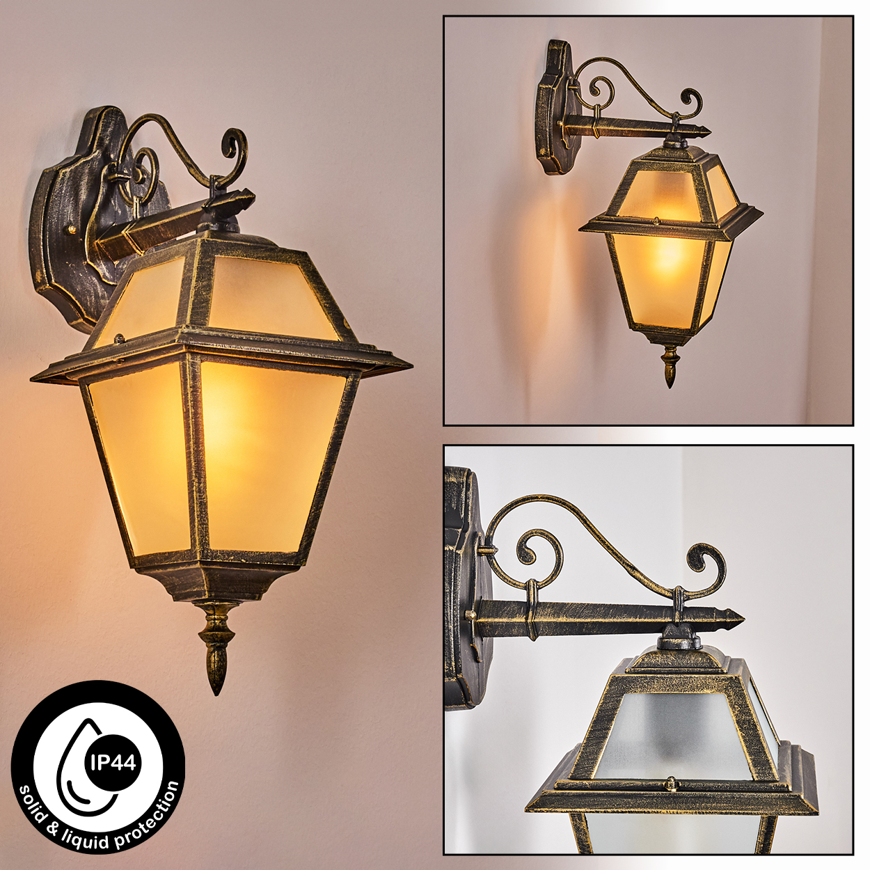 Drei Bilder einer Außenlampe. Die Lampe ist schwarz und goldfarben, mit Milchglasscheiben. Sie ist an einer Wand montiert. IP44-Symbol ist vorhanden.