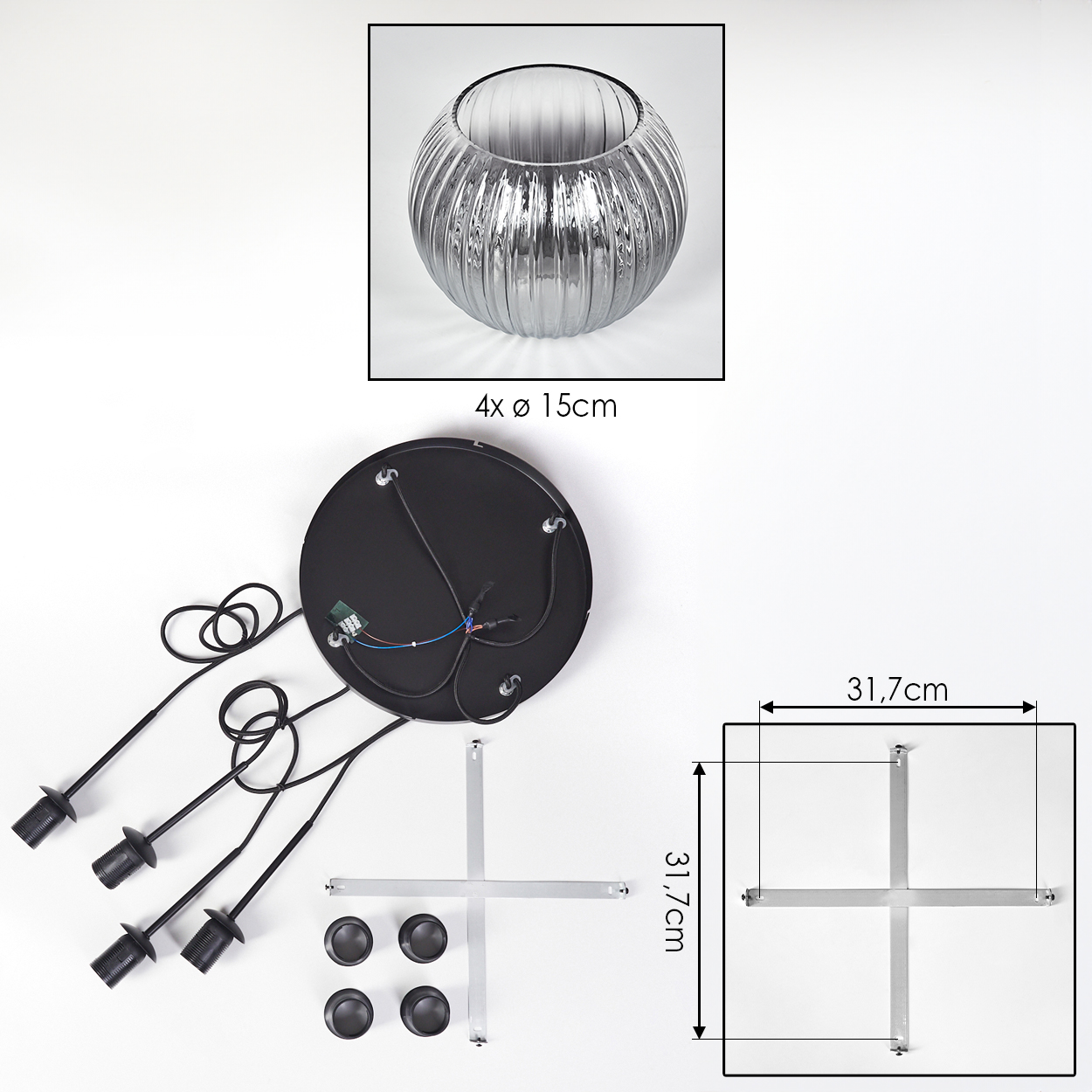 Eine zerlegte Lampe mit Glasschale, schwarzem Sockel, Drähten, Metallstützen und Abmessungen von 31,7 cm.