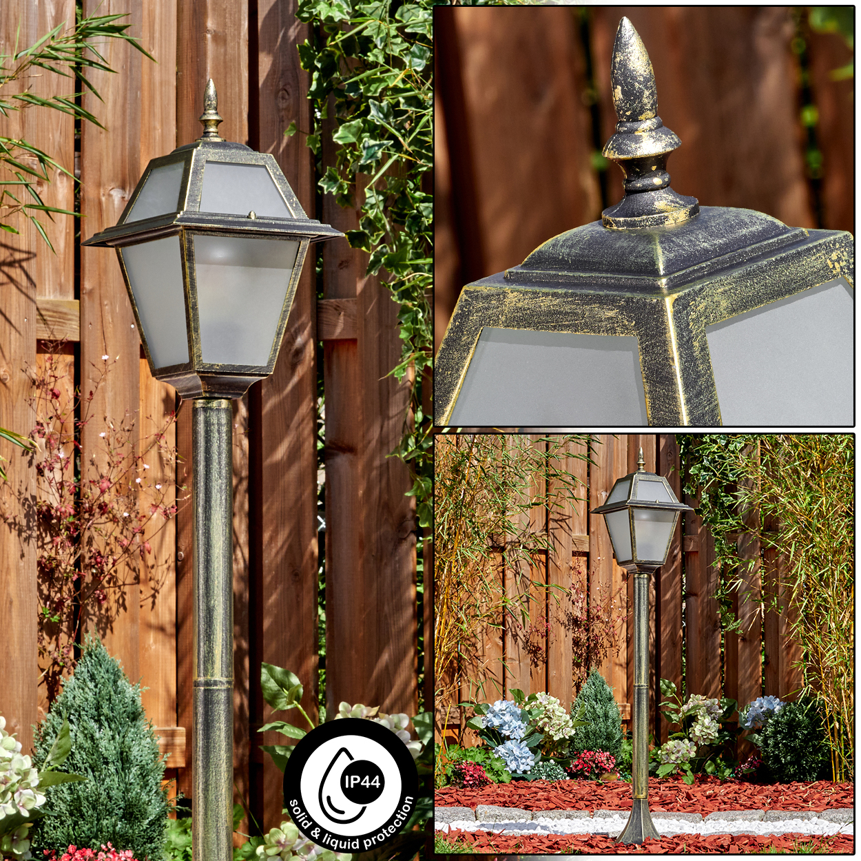 Eine dekorative Außenlampe mit sechseckigem Schirm, vor Holzzaun und Grün, IP44 Schutz vor Feststoffen und Flüssigkeiten.