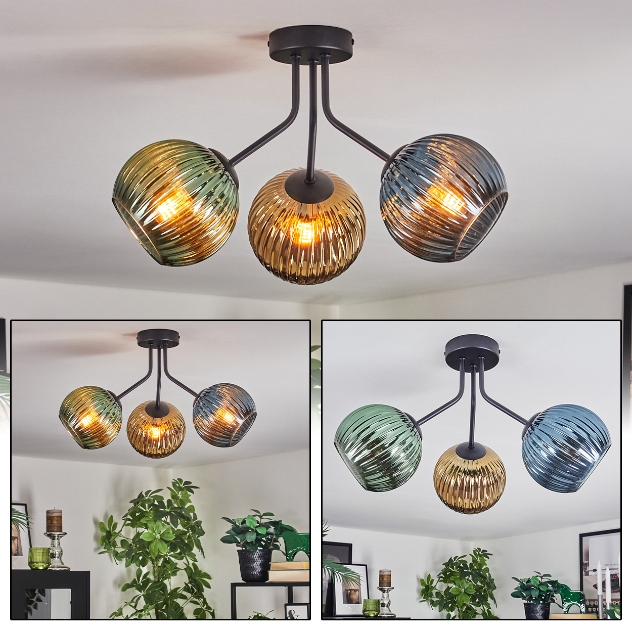 Moderne Deckenlampe mit drei kugelförmigen Schirmen in Grün, Bernstein und Blau. Schwarze Metallarme und Deckenhalterung. Glühbirnen.
