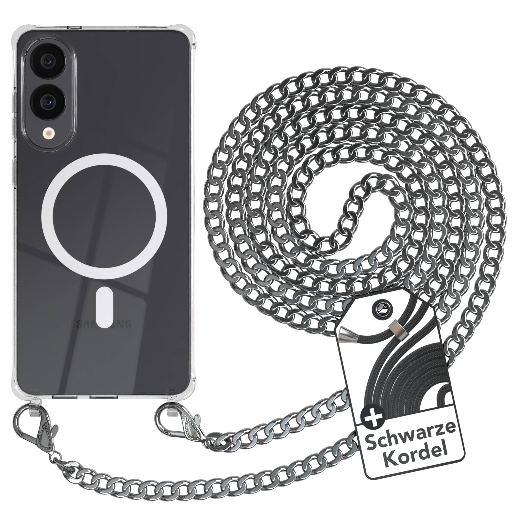 Transparente Handyhülle mit Kette, Samsung-Logo. Ein Etikett sagt 'Schwarze Kordel'.