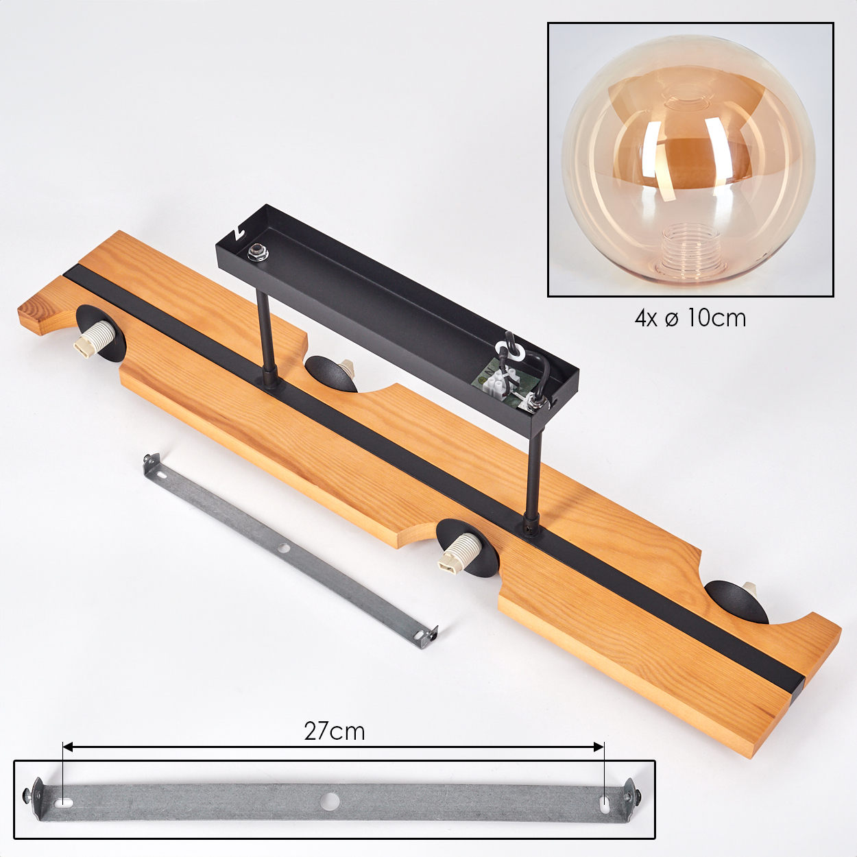 Zerlegte Leuchte mit Holzbrettern, schwarzen Metallakzenten und einer großen Glühbirne. Enthält eine Metallhalterung.