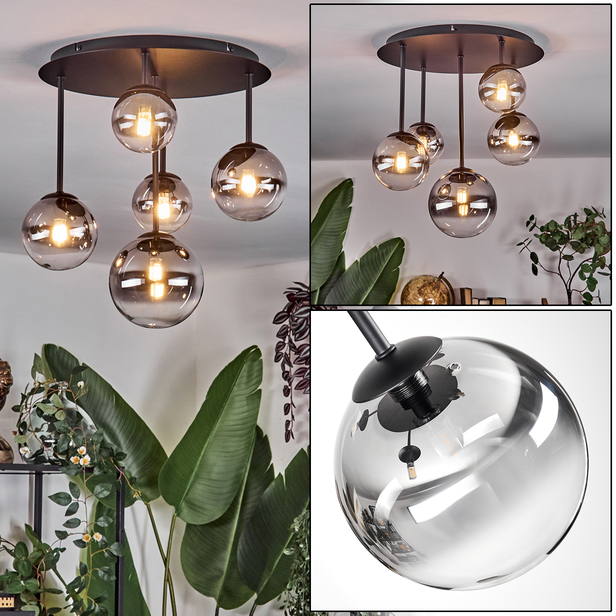 Eine moderne Deckenlampe mit fünf Glaskugeln, schwarzen Stielen und einem kreisförmigen Sockel. Pflanzen und ein Regal sind im Hintergrund zu sehen.