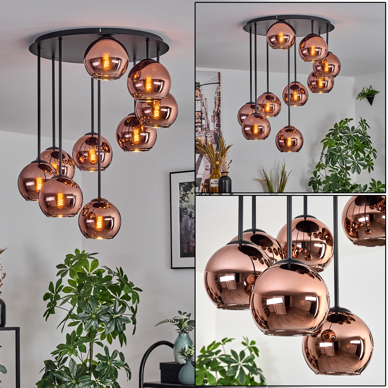 Eine moderne Deckenleuchte mit kupferfarbenen kugelförmigen Lampen hängt von einer schwarzen Deckenplatte, Pflanzen im Vorder- und Hintergrund.