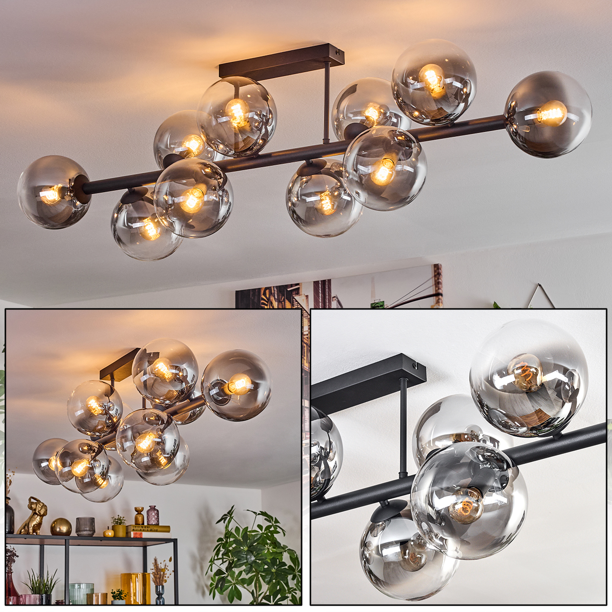 Moderne Deckenleuchte mit mehreren rauchfarbenen Glaskugeln, die jeweils eine Glühbirne enthalten, vor einer weißen Decke.