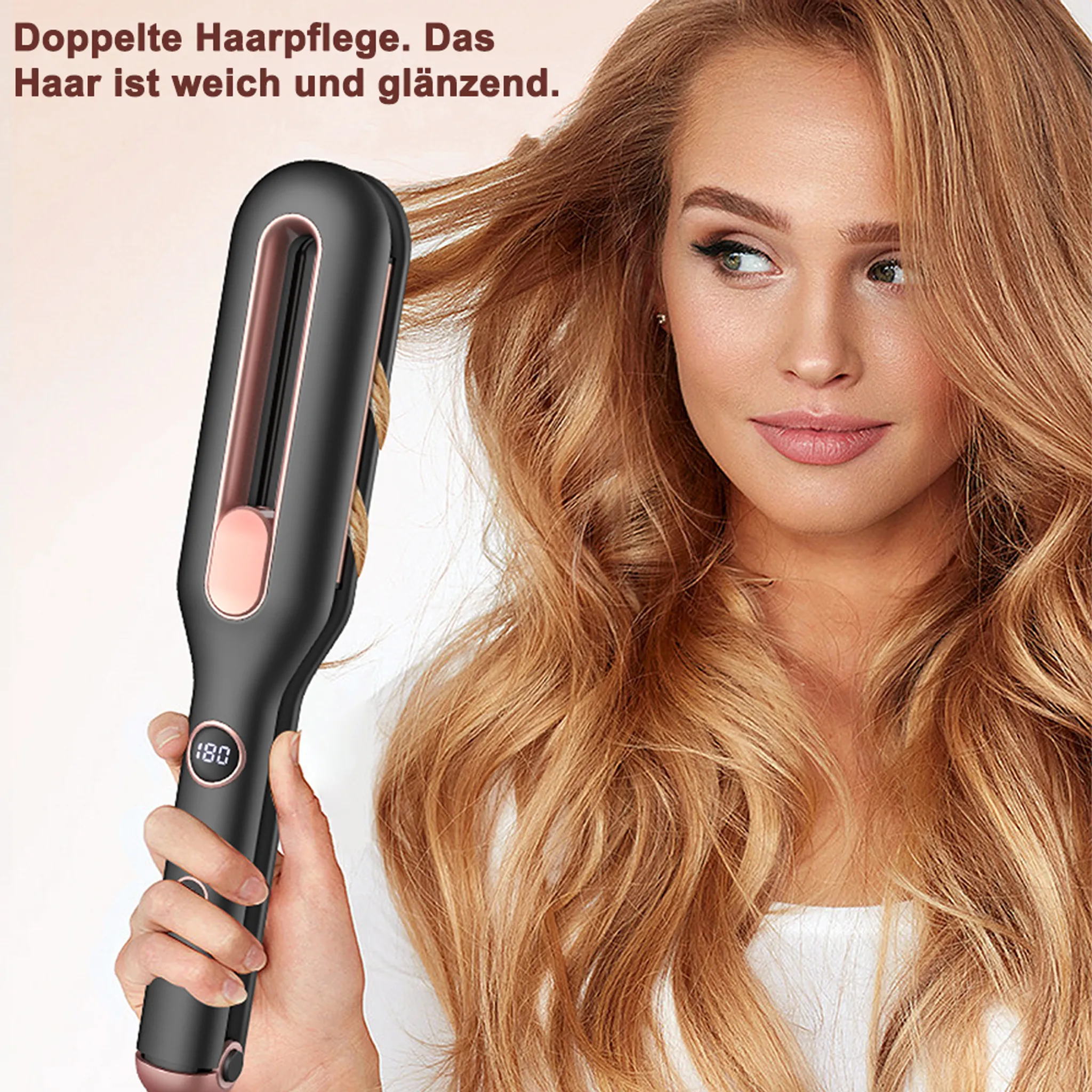 Eine Frau hält einen Haarglätter und stylt ihr welliges blondes Haar. Der Text lautet: Doppelte Haarpflege. Das Haar ist weich und glänzend.