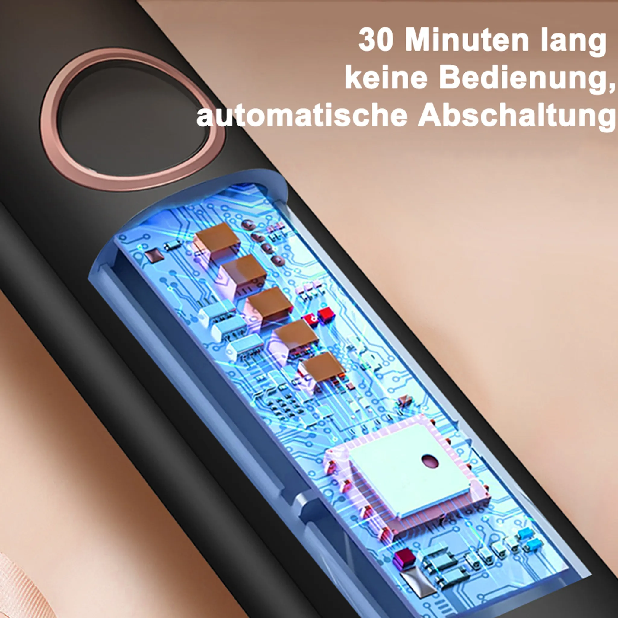 Schwarzes Gerät mit roségoldfarbener Verkleidung und einer Platine. Text auf Deutsch: automatische Abschaltung nach 30 Minuten.