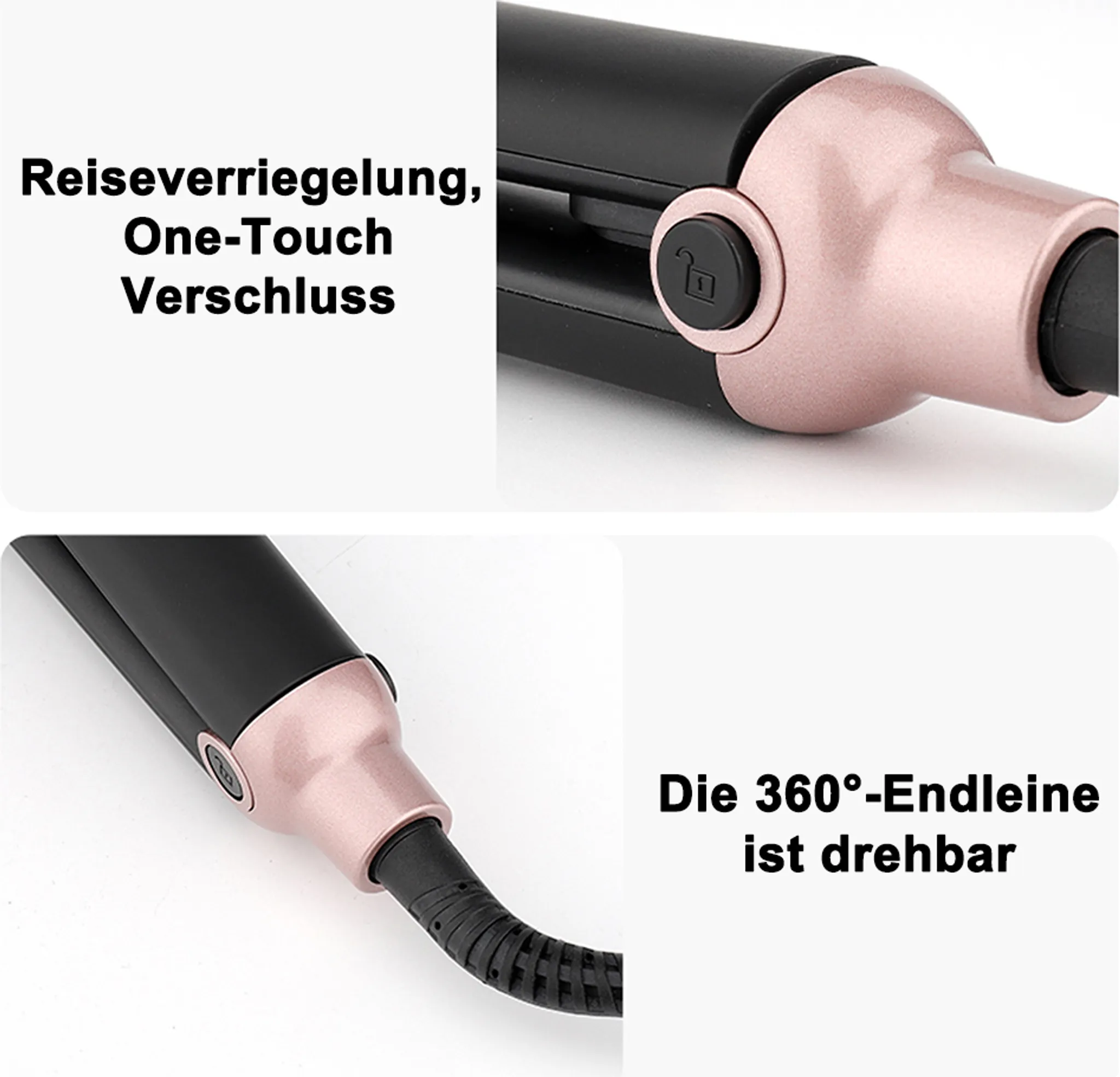 Nahaufnahme eines schwarzen und roségoldenen Haarglätters mit deutschem Text, der Funktionen und Funktionalität anzeigt.