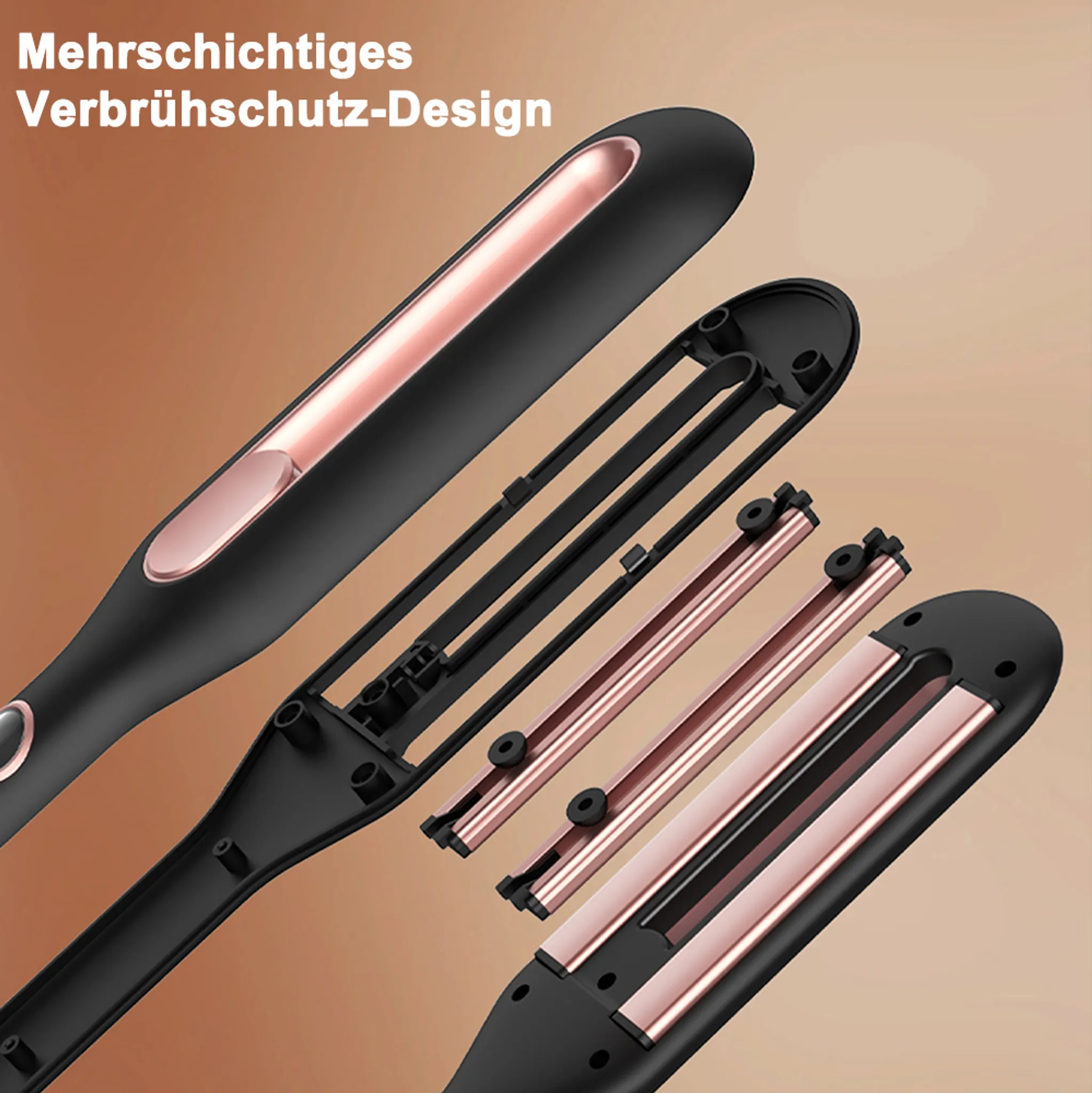 Explosionsansicht eines schwarzen und roségoldenen Haarglätters mit Innenteilen. Der Hintergrund ist beige.