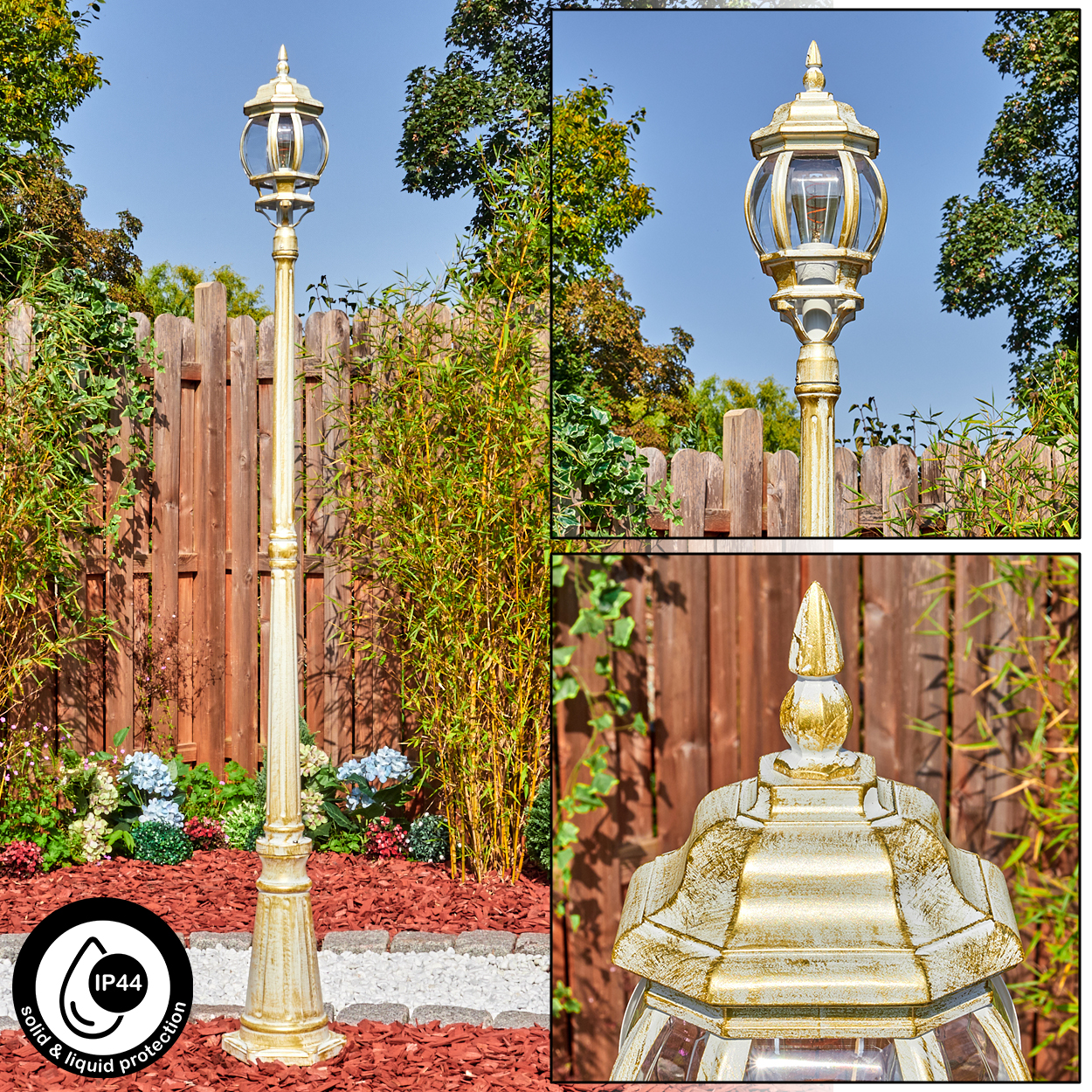 Goldene Laterne im Garten. Merkmale sind detailliertes Design, umgeben von Grün und Holzzaun.