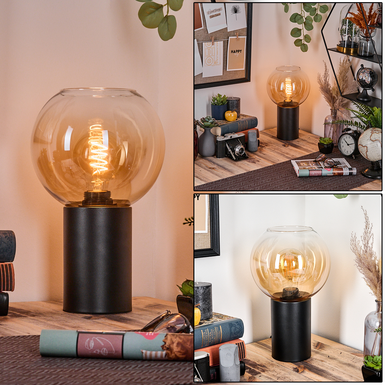 Eine dekorative Lampe mit schwarzem Sockel und rundem, bernsteinfarbenem Glasschirm. Sie steht auf einer Holzoberfläche mit anderen Gegenständen.