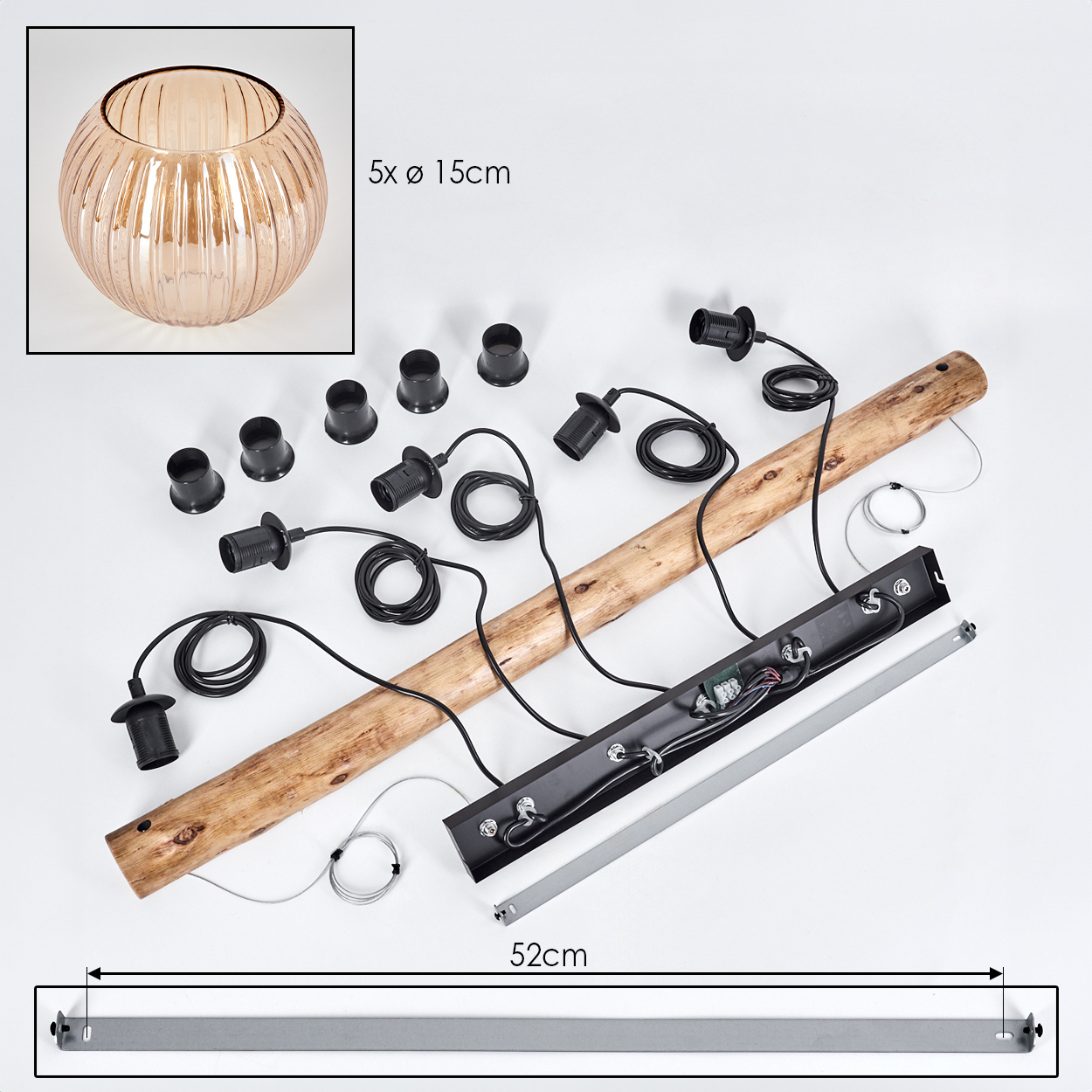 Komponenten der Deckenbeleuchtung. Enthält einen Holzbalken, Leuchten, eine Metallstange und eine Glasschale.
