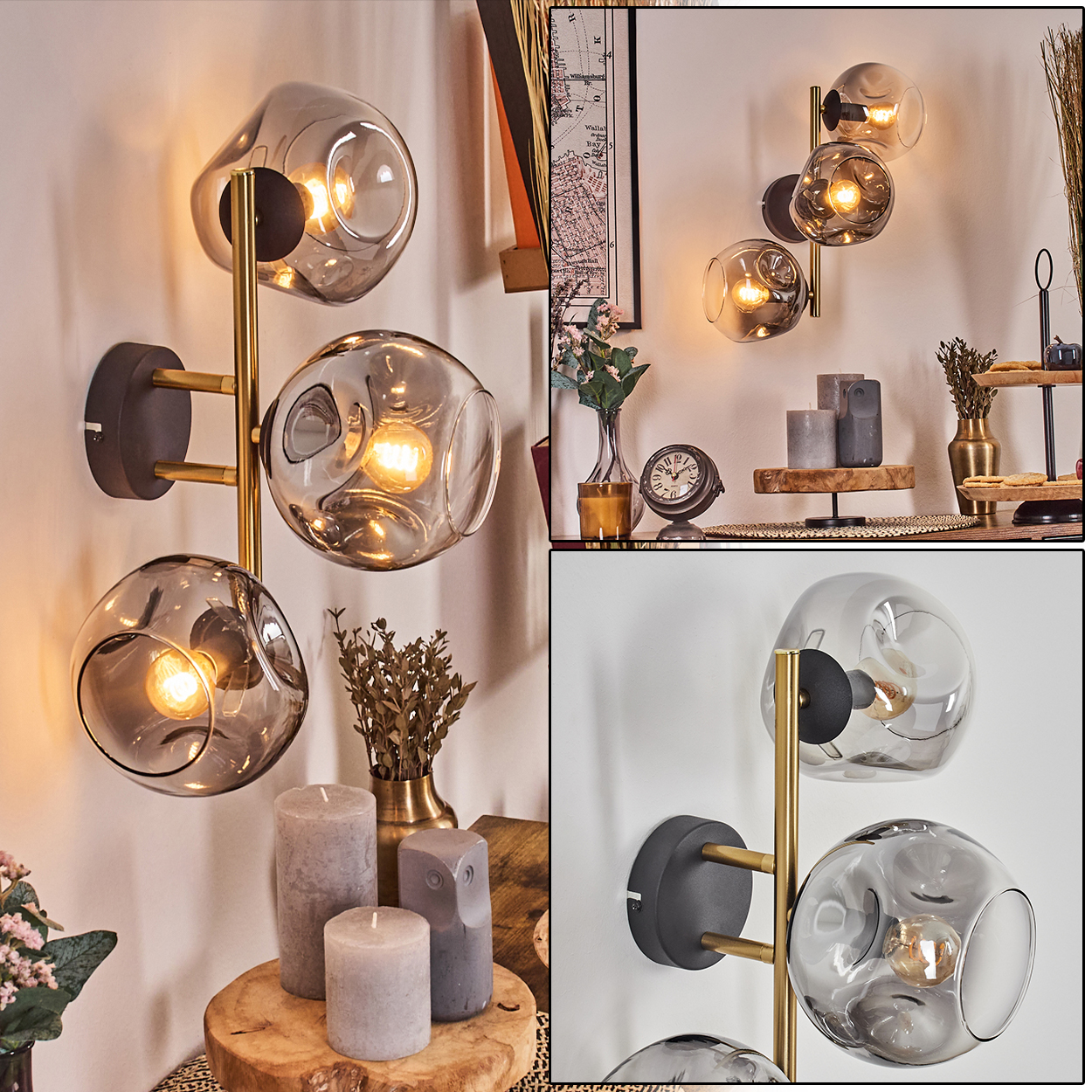 Drei blasenformige Lampen an der Wand. Kerzen, Vase, Uhr und Karte im Hintergrund. Warmes Licht. Stilvolles Interieur.