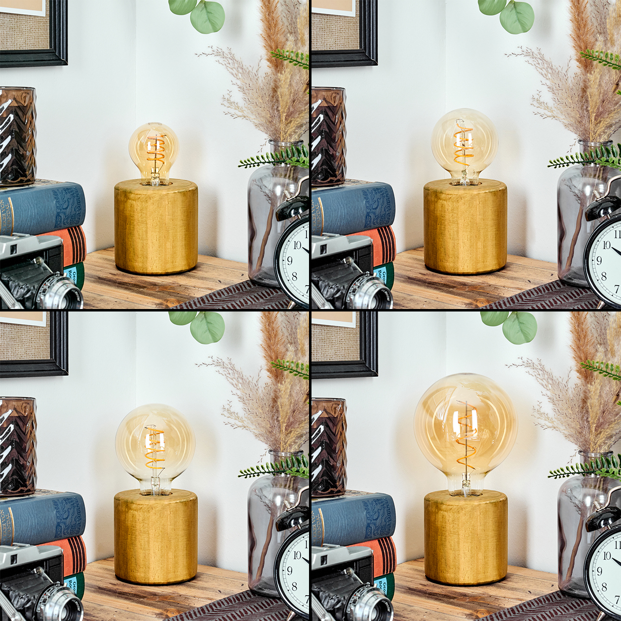 Dekorative Szene mit Lampe, Büchern, Kamera, Vase mit Pampasgras und Uhr auf Holzoberfläche.